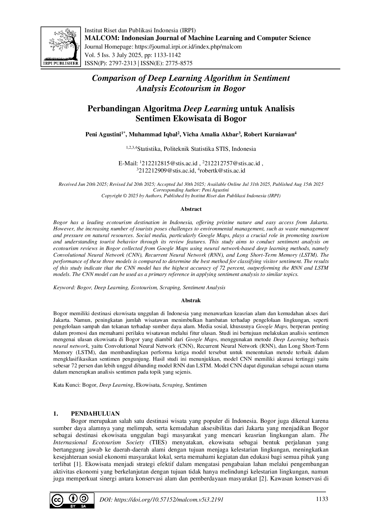 JURIS Perbandingan Algoritma Deep Learning untuk Analisis Sentimen Ekowisata di Bogor