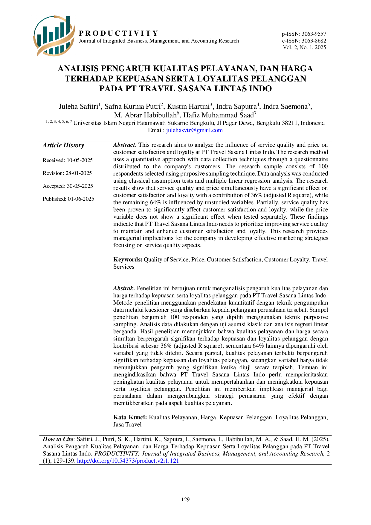 JURIS Analisis Pengaruh Kualitas Pelayanan dan Harga Terhadap Kepuasan Serta Loyalitas Pelanggan pada PT Travel Sasana Lintas Indo
