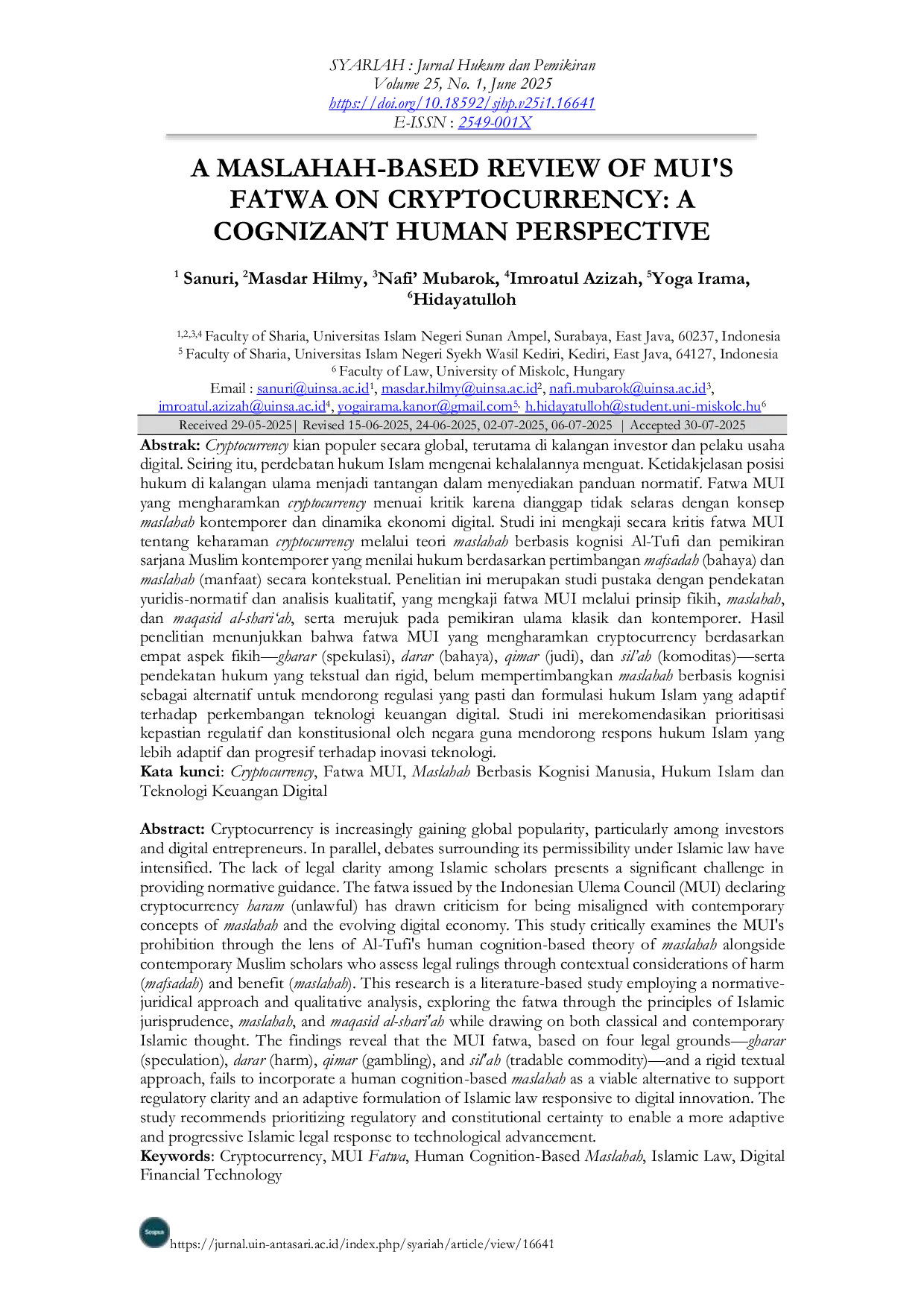 JURIS A Maslahah Based Review of MUI s Fatwa on Cryptocurrency A Cognizant Human Perspective