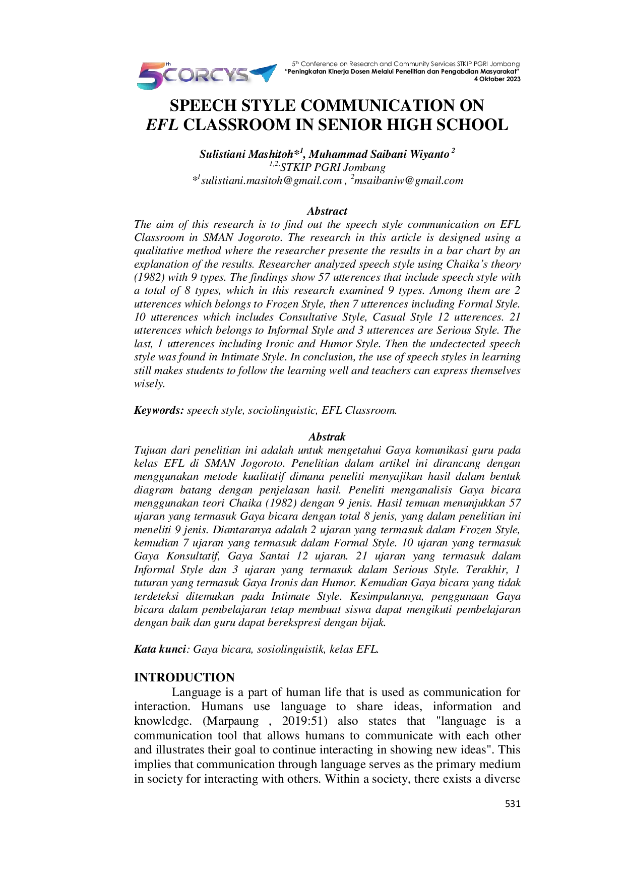 JURIS Gaya Komunikasi Guru pada Kelas EFL di SMAN Jogoroto