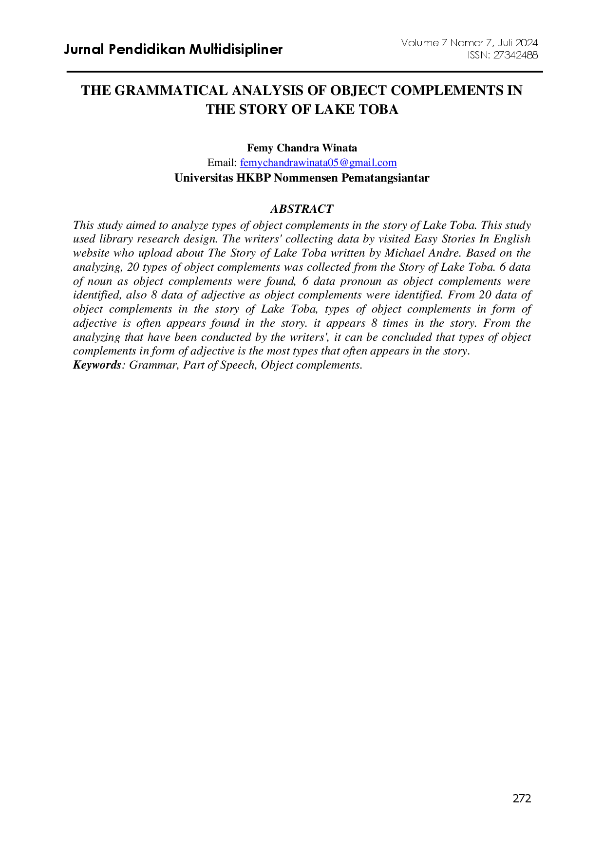 juris The Grammatical Analysis of Object Complements in the Story of Lake Toba