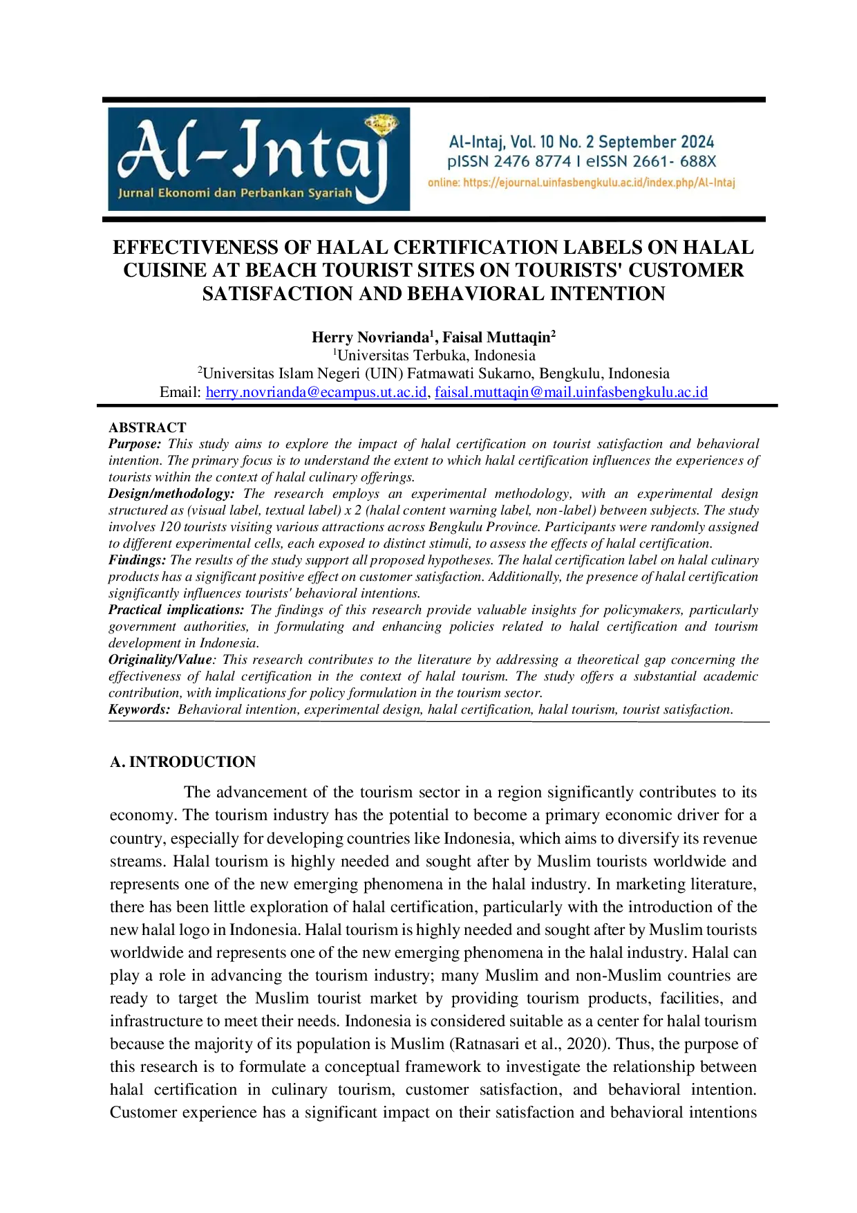 JURIS Effectiveness of Halal Certification Labels on Halal Cuisine at Beach Tourist Sites on Tourists Customer Satisfaction and Behavioral Intention