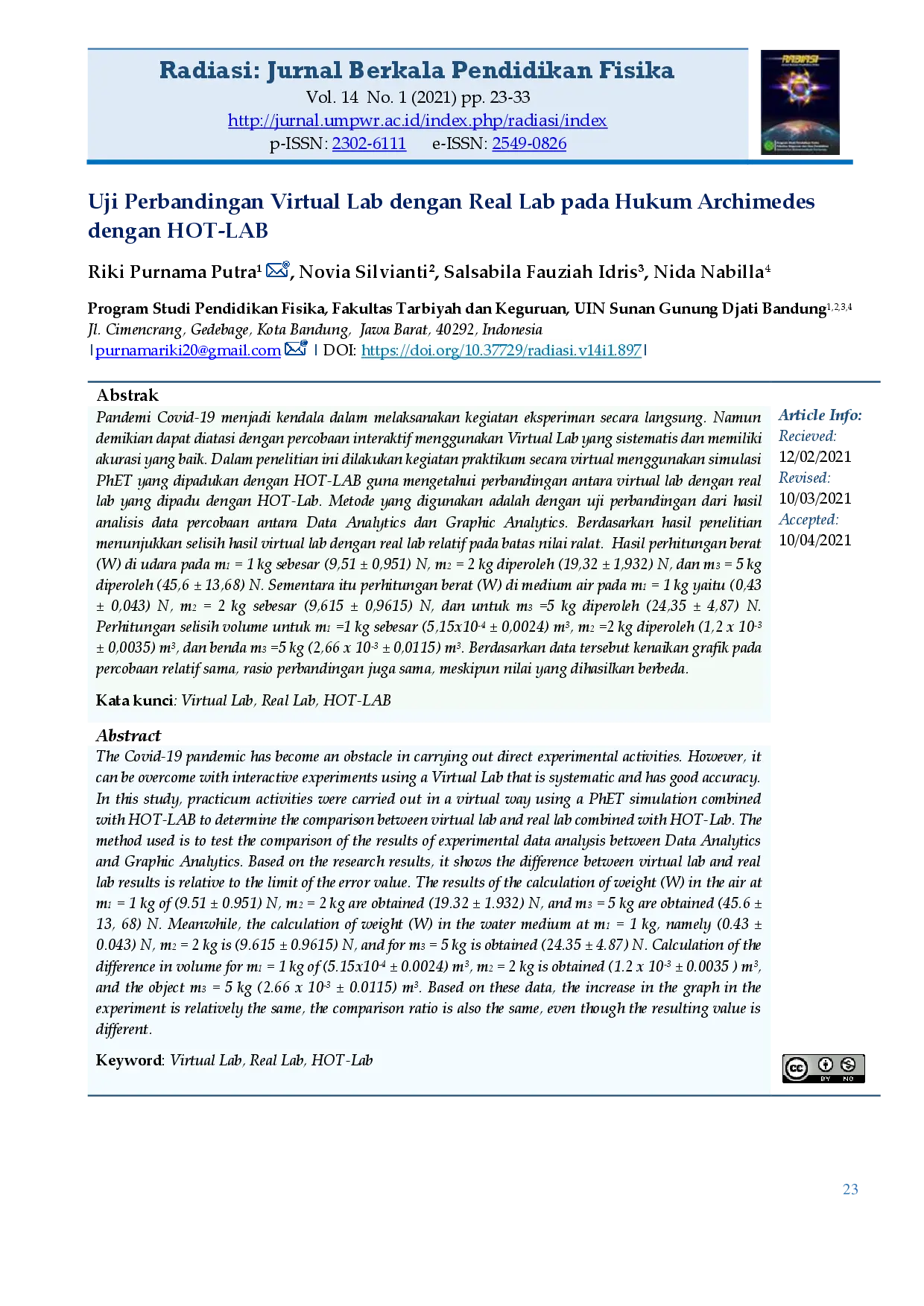 juris Uji Perbandingan antara Virtual Lab dengan Real Lab pada Hukum Archimedes dengan penggunaan HOT LAB