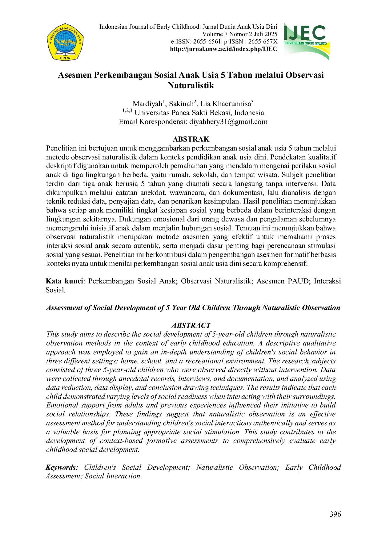 JURIS Asesmen Perkembangan Sosial Anak Usia 5 Tahun melalui Observasi Naturalistik Assessment of Social Development of 5 Year Old Children Through Naturalistic Observation