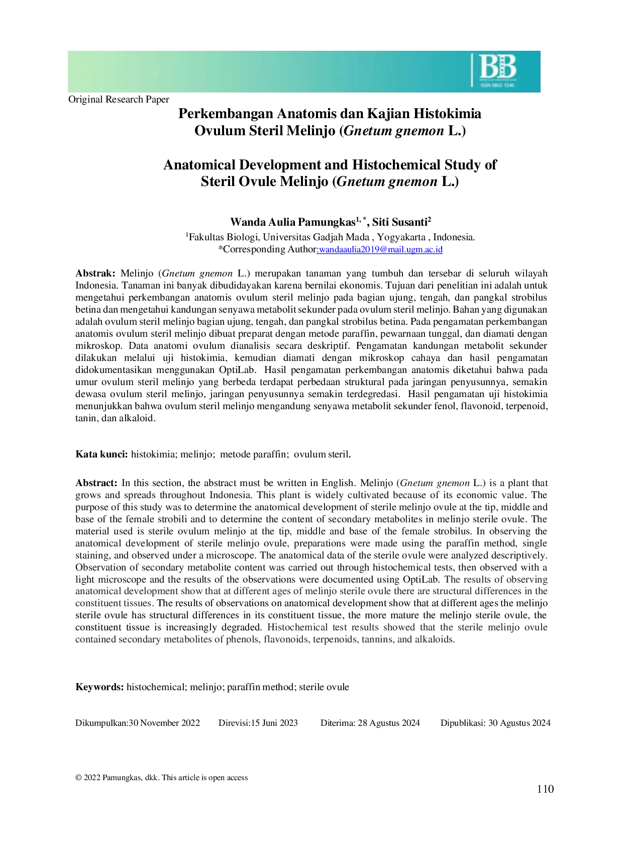 JURIS Anatomical Development and Histochemical Study of Steril Ovule Melinjo Gnetum gnemon L