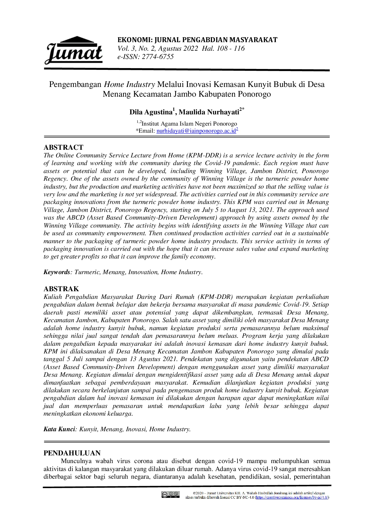 JURIS Pengembangan Home Industry Melalui Inovasi Kemasan Kunyit Bubuk di Desa Menang Kecamatan Jambon Kabupaten Ponorogo