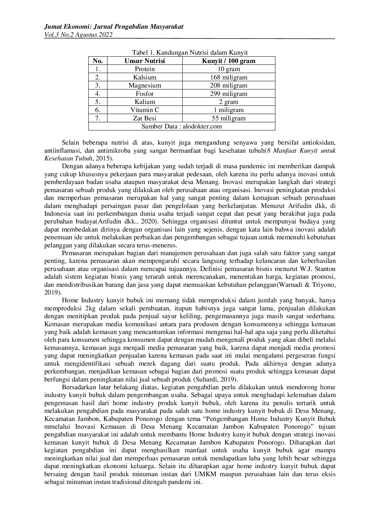 JURIS Pengembangan Home Industry Melalui Inovasi Kemasan Kunyit Bubuk di Desa Menang Kecamatan Jambon Kabupaten Ponorogo