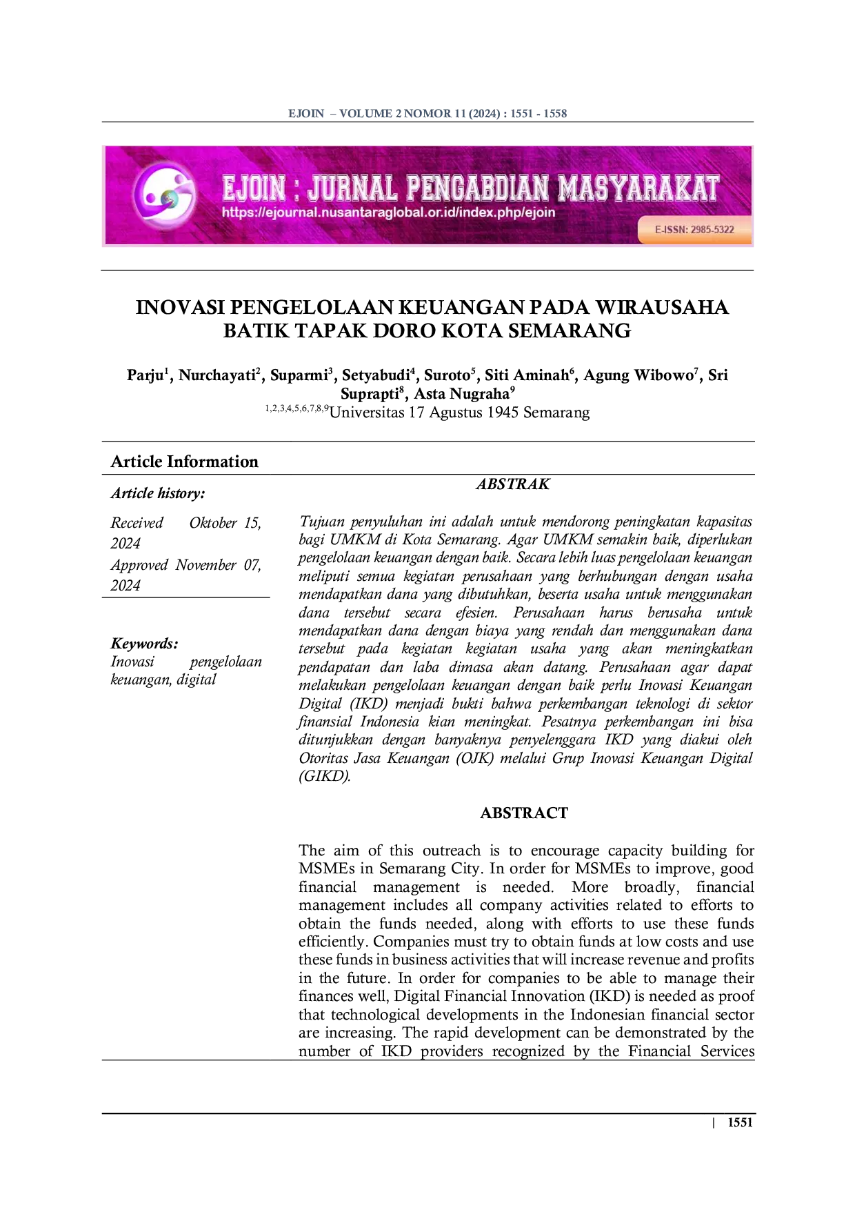 JURIS Inovasi Pengelolaan Keuangan Pada Wirasusaha Batik Tapak Doro Kota Semarang