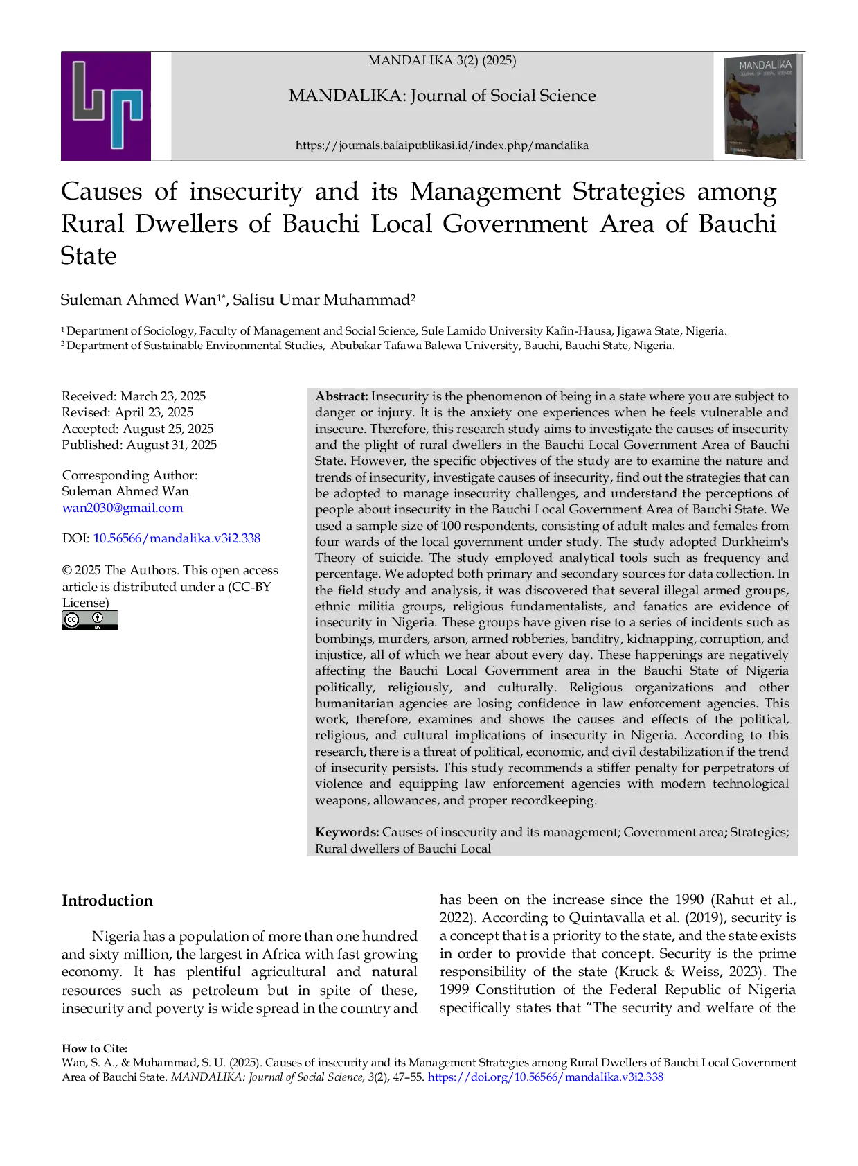 JURIS Causes of insecurity and its Management Strategies among Rural Dwellers of Bauchi Local Government Area of Bauchi State