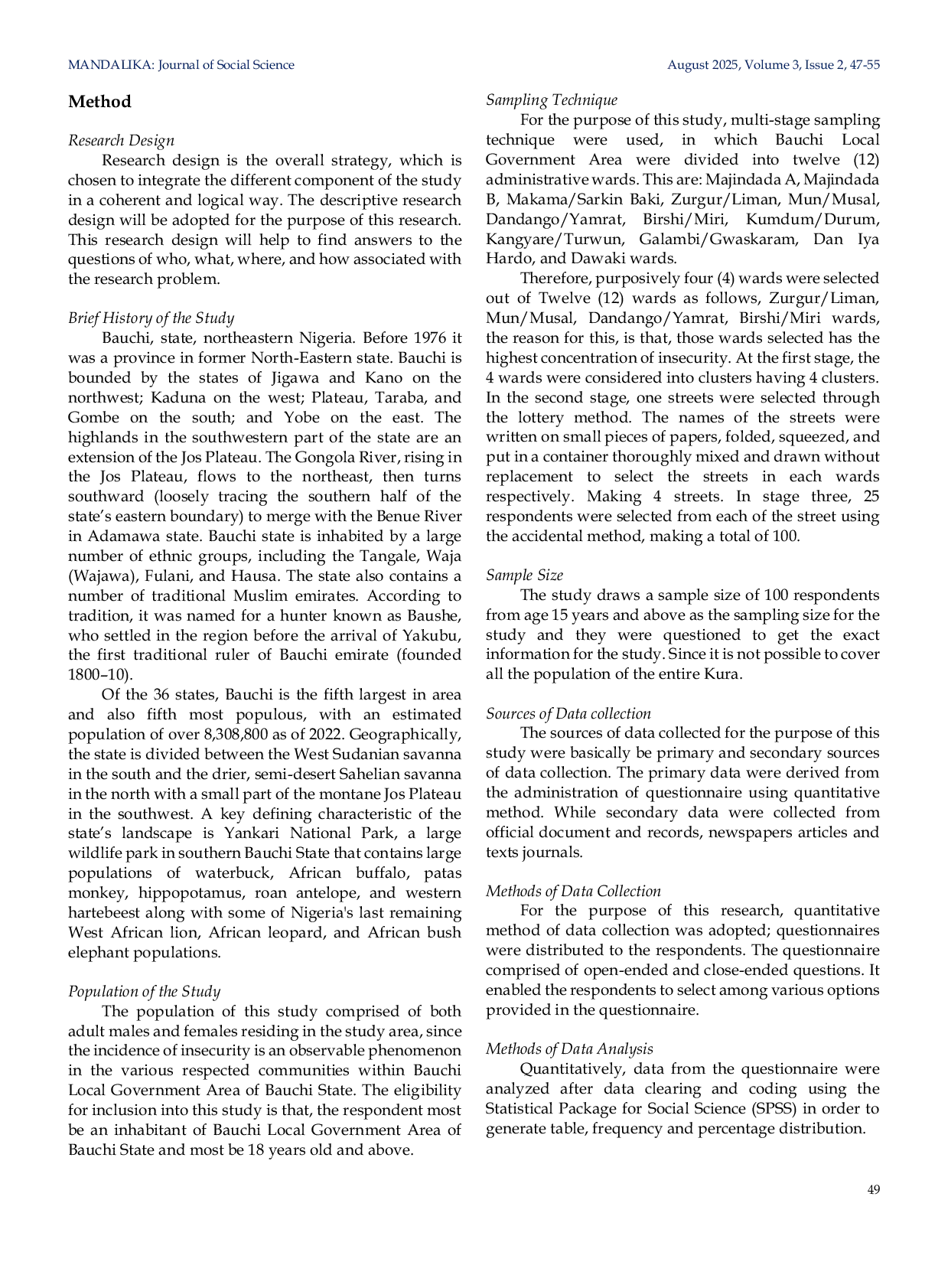JURIS Causes of insecurity and its Management Strategies among Rural Dwellers of Bauchi Local Government Area of Bauchi State