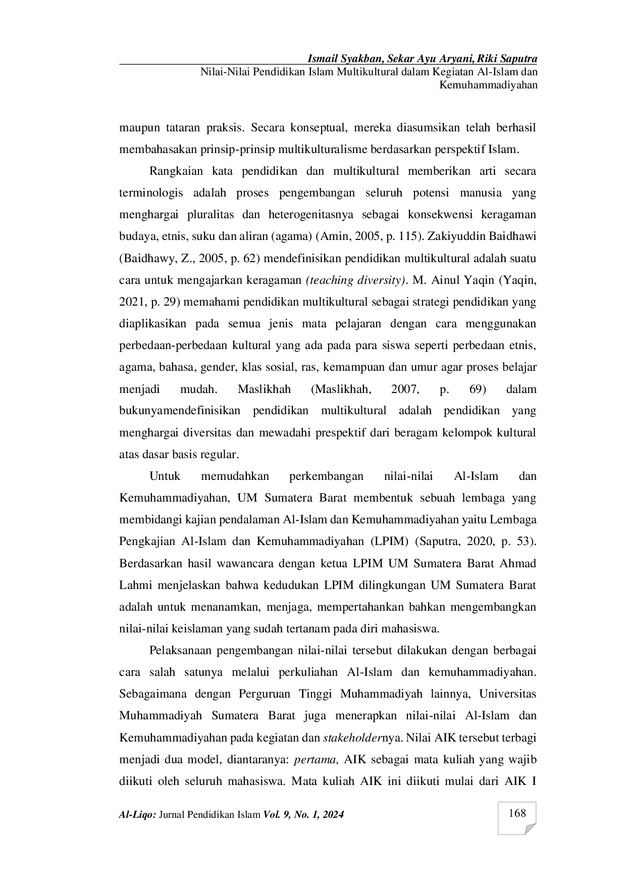 JURIS Nilai Nilai Pendidikan Islam Multikultural dalam Kegiatan Al Islam dan Kemuhammadiyahan