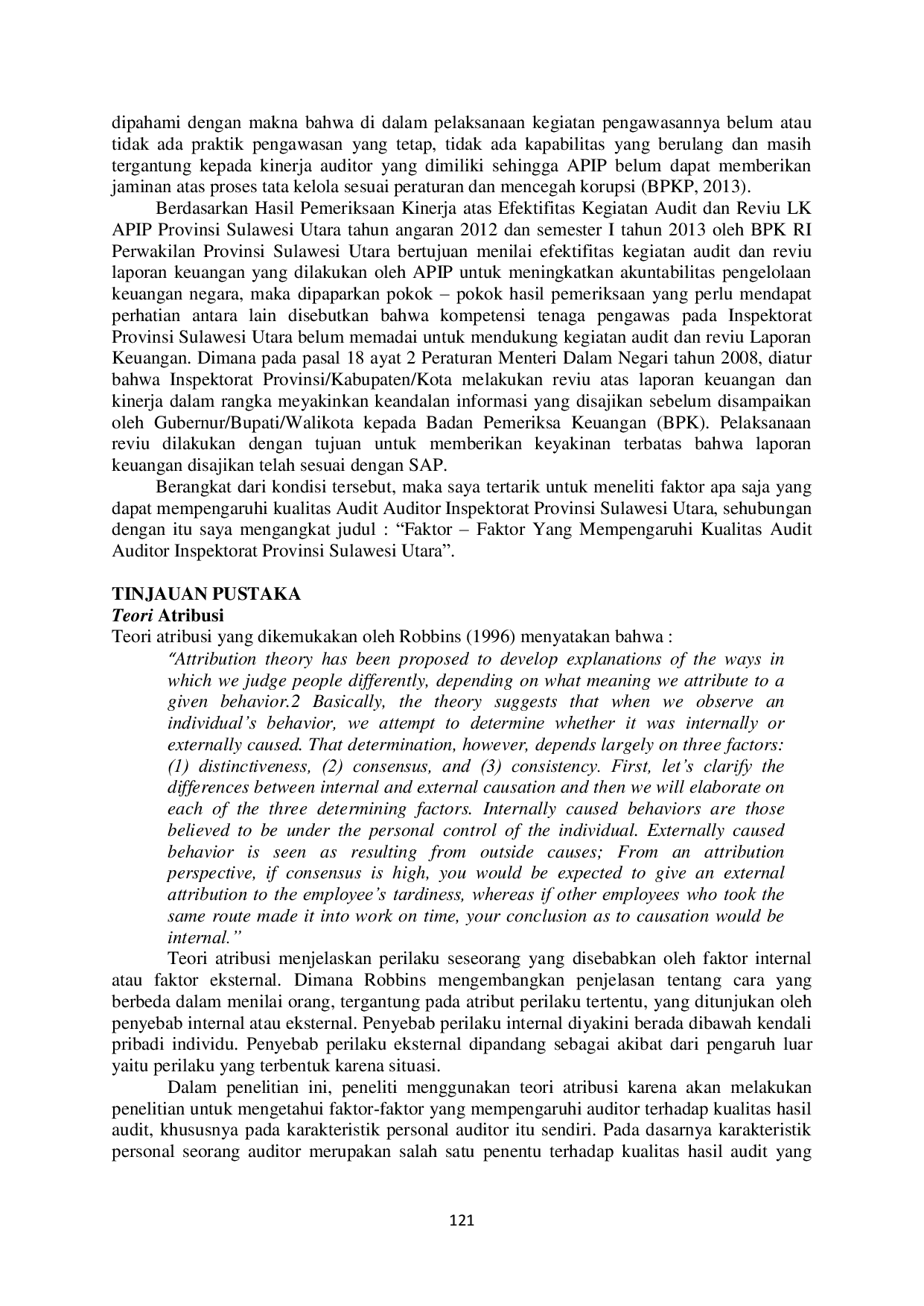 JURIS Faktor Faktor yang Mempengaruhi Kualitas Audit pada Inspektorat Provinsi Sulawesi Utara