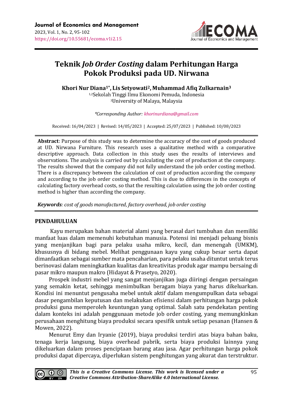 JURIS Teknik Job Order Costing dalam Perhitungan Harga Pokok Produksi pada UD Nirwana