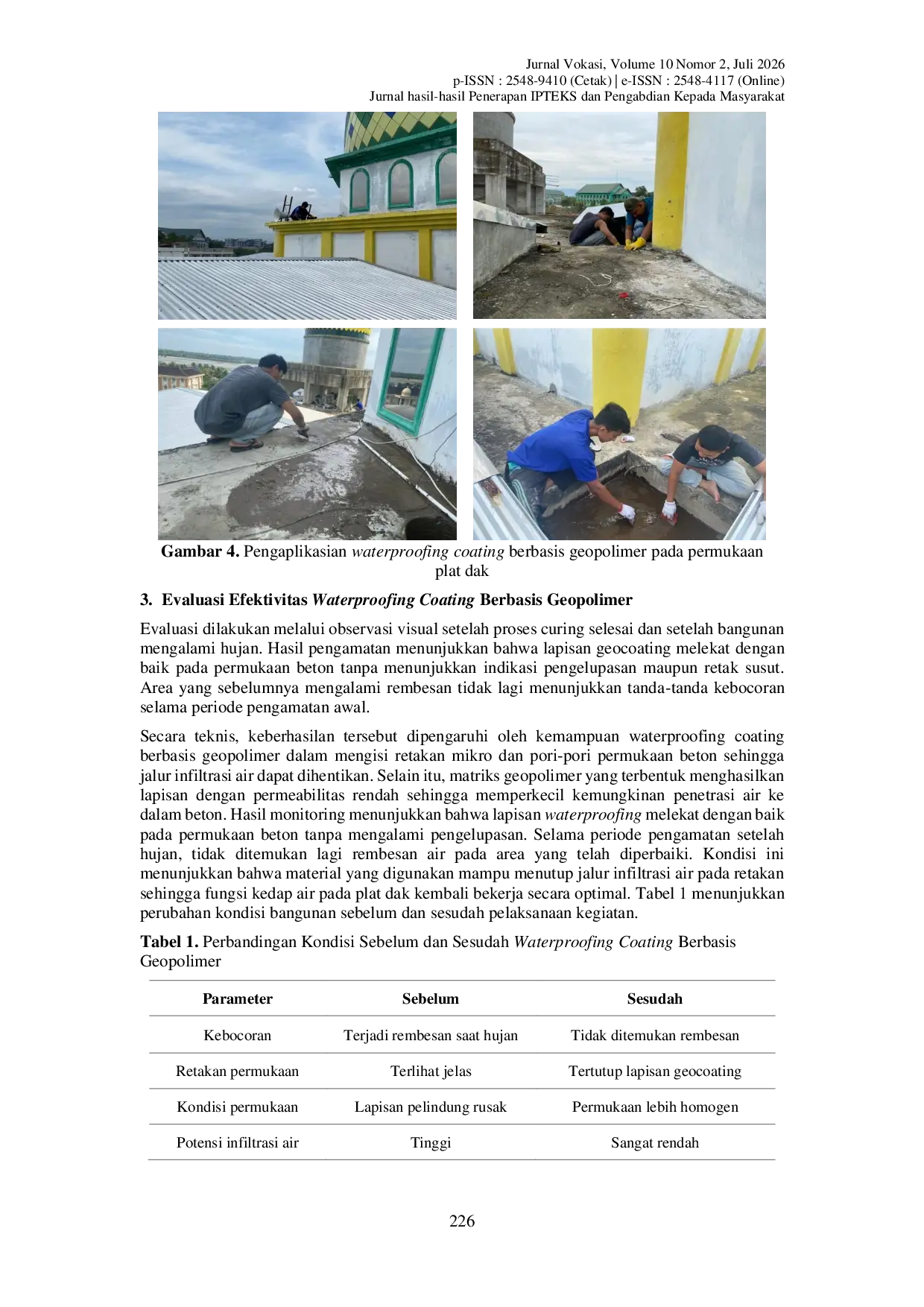 JURIS Pendampingan Penanganan Kebocoran Atap Masjid Raudhatul Jannah Menggunakan Waterproofing Coating Berbasis Geopolimer Ramah Lingkungan