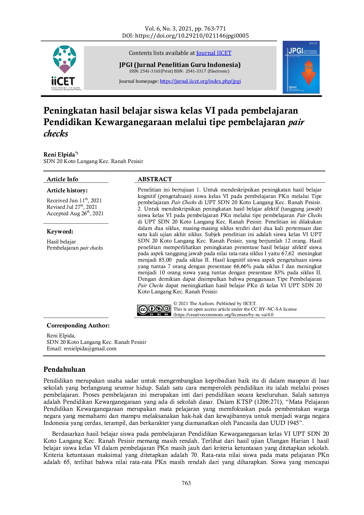 JURIS Peningkatan hasil belajar siswa kelas VI pada pembelajaran Pendidikan Kewarganegaraan melalui tipe pembelajaran pair checks