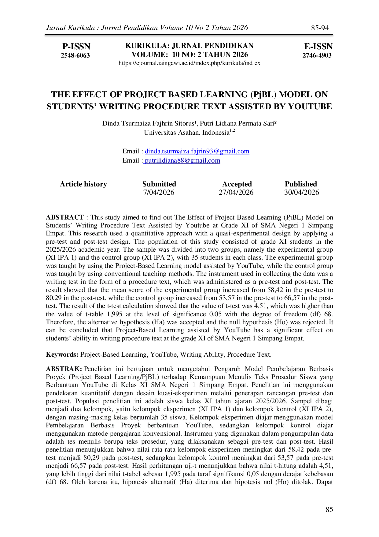 JURIS The Effect of Project Based Learning PjBL Model on Students Writing Procedure Text Assisted by YouTube