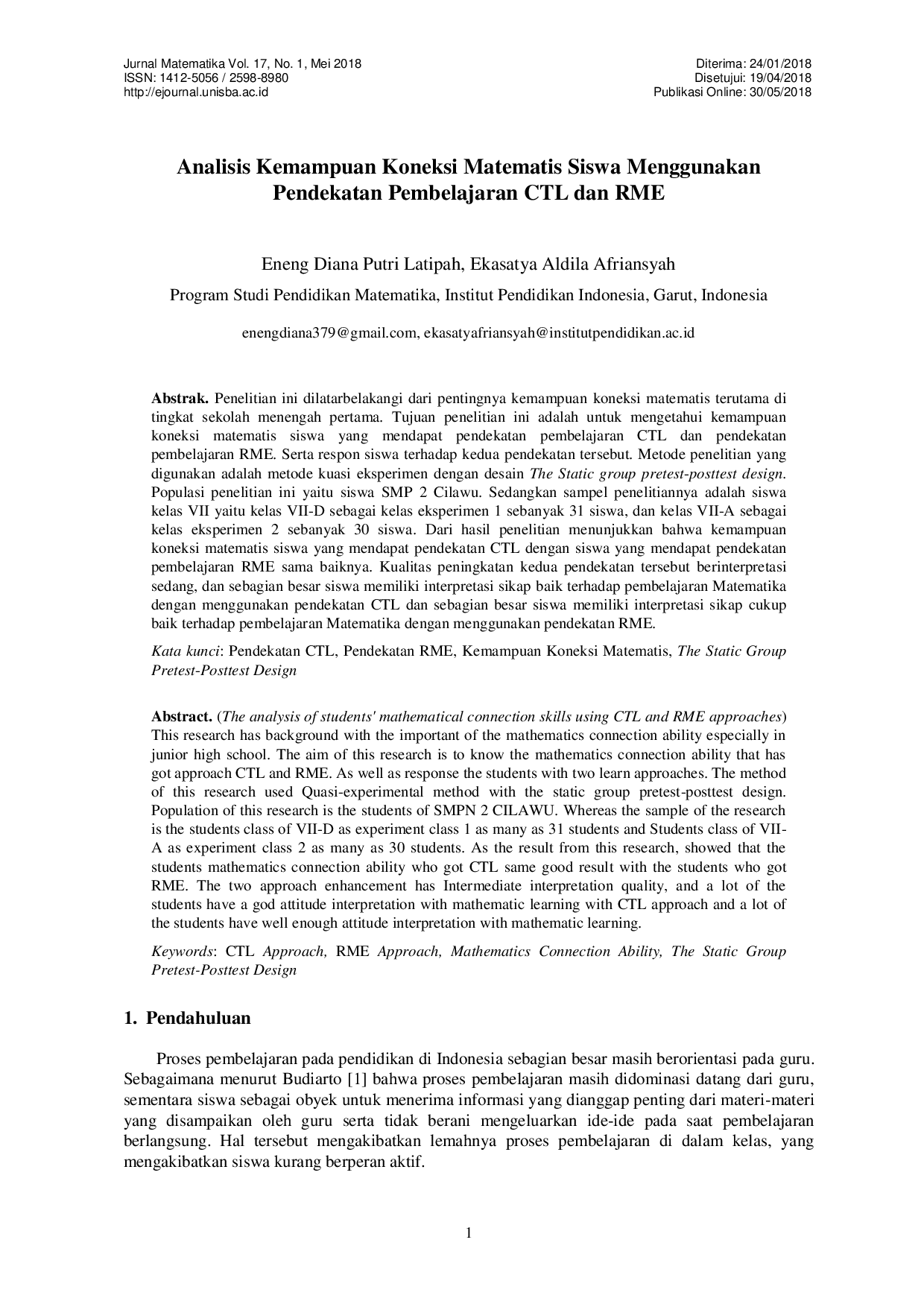 JURIS Analisis Kemampuan Koneksi Matematis Siswa Menggunakan Pendekatan Pembelajaran CTL dan RME