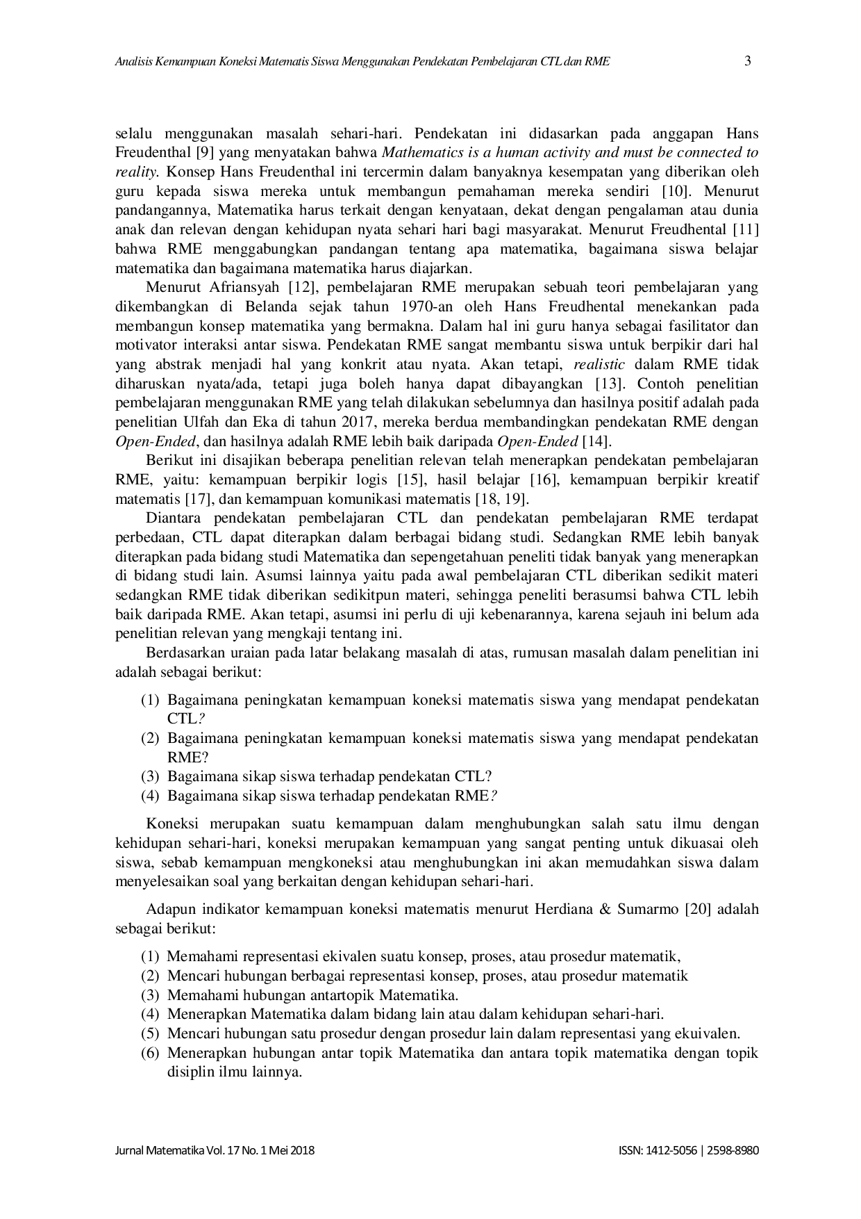 JURIS Analisis Kemampuan Koneksi Matematis Siswa Menggunakan Pendekatan Pembelajaran CTL dan RME