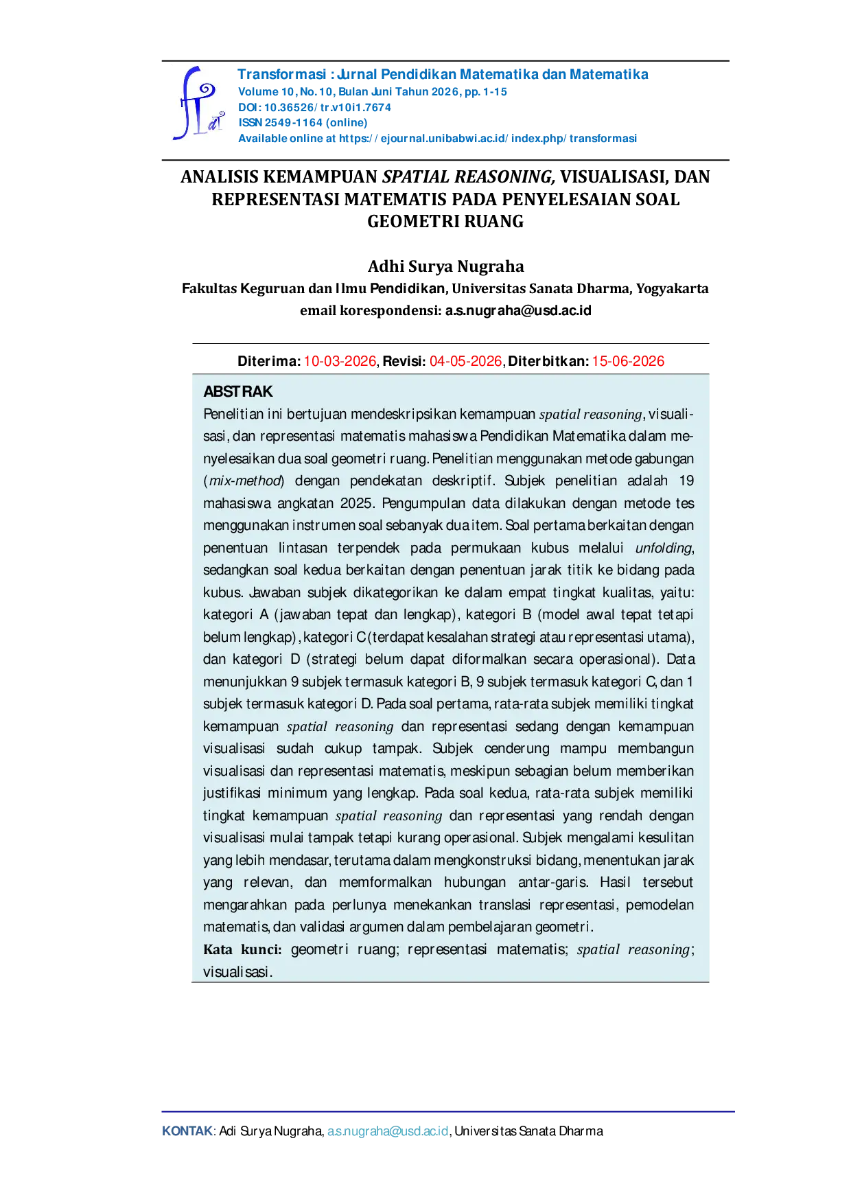 JURIS Analisis Kemampuan Spatial Reasoning Visualisasi Dan Representasi Matematis Pada Penyelesaian Soal Geometri Ruang