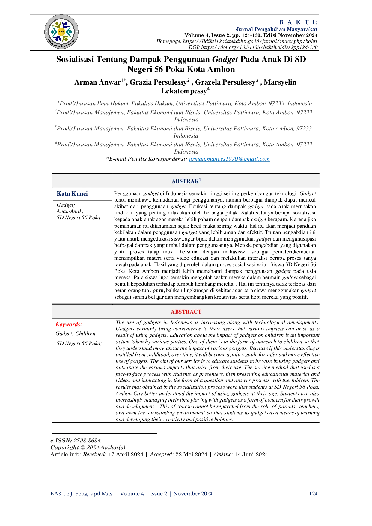 JURIS Sosialisasi Tentang Dampak Penggunaan Gadget pada Anak di SD Negeri 56 Poka Kota Ambon
