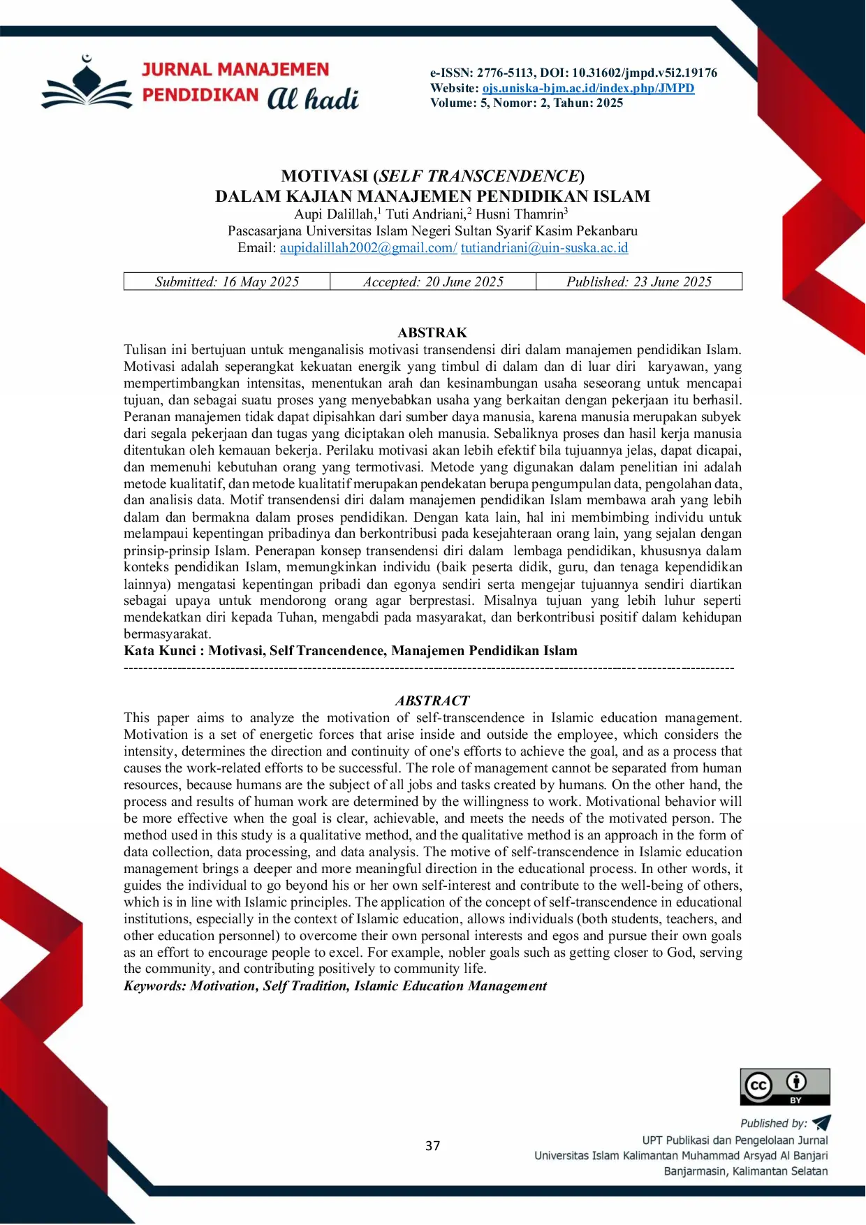 JURIS Motivasi Self Transcendence Dalam Kajian Manajemen Pendidikan Islam