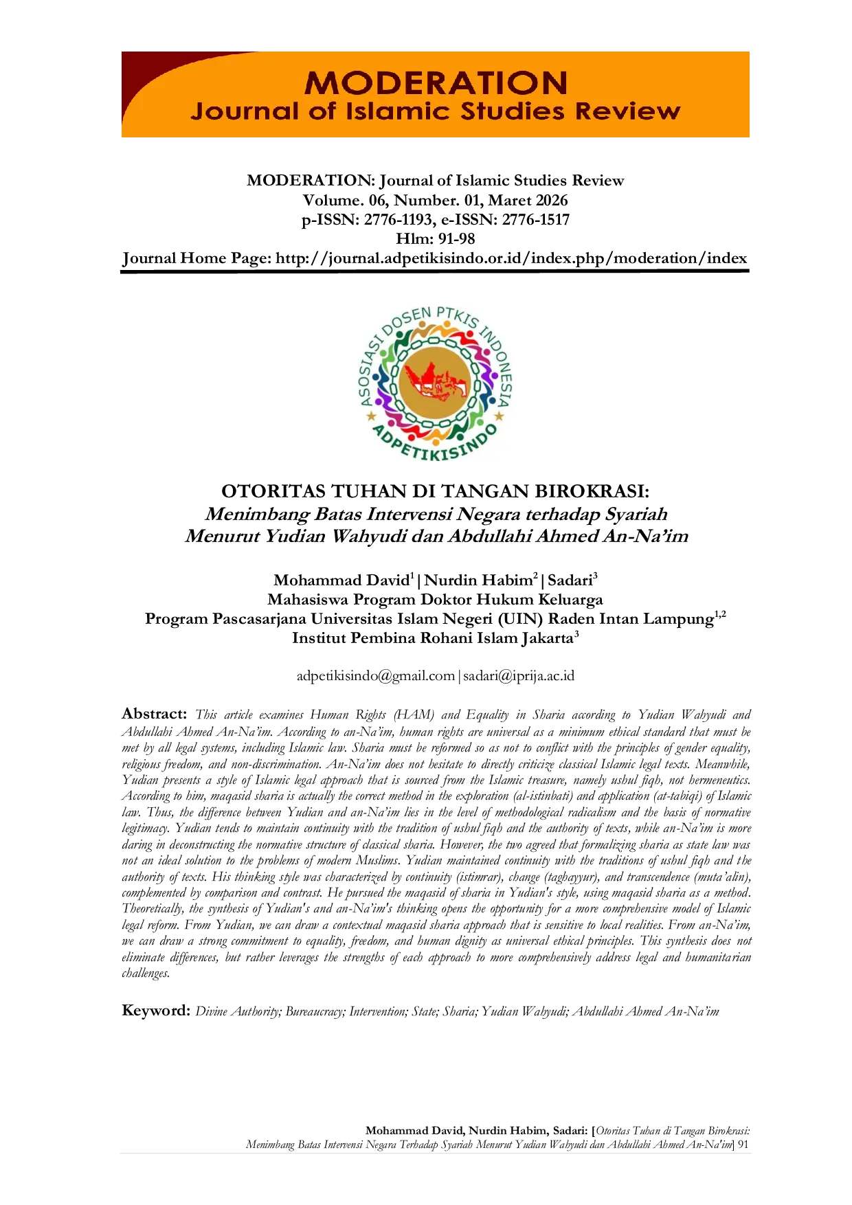 JURIS OTORITAS TUHAN DI TANGAN BIROKRASI Menimbang Batas Intervensi Negara terhadap Syariah Menurut Yudian Wahyudi dan Abdullahi Ahmed An Na im