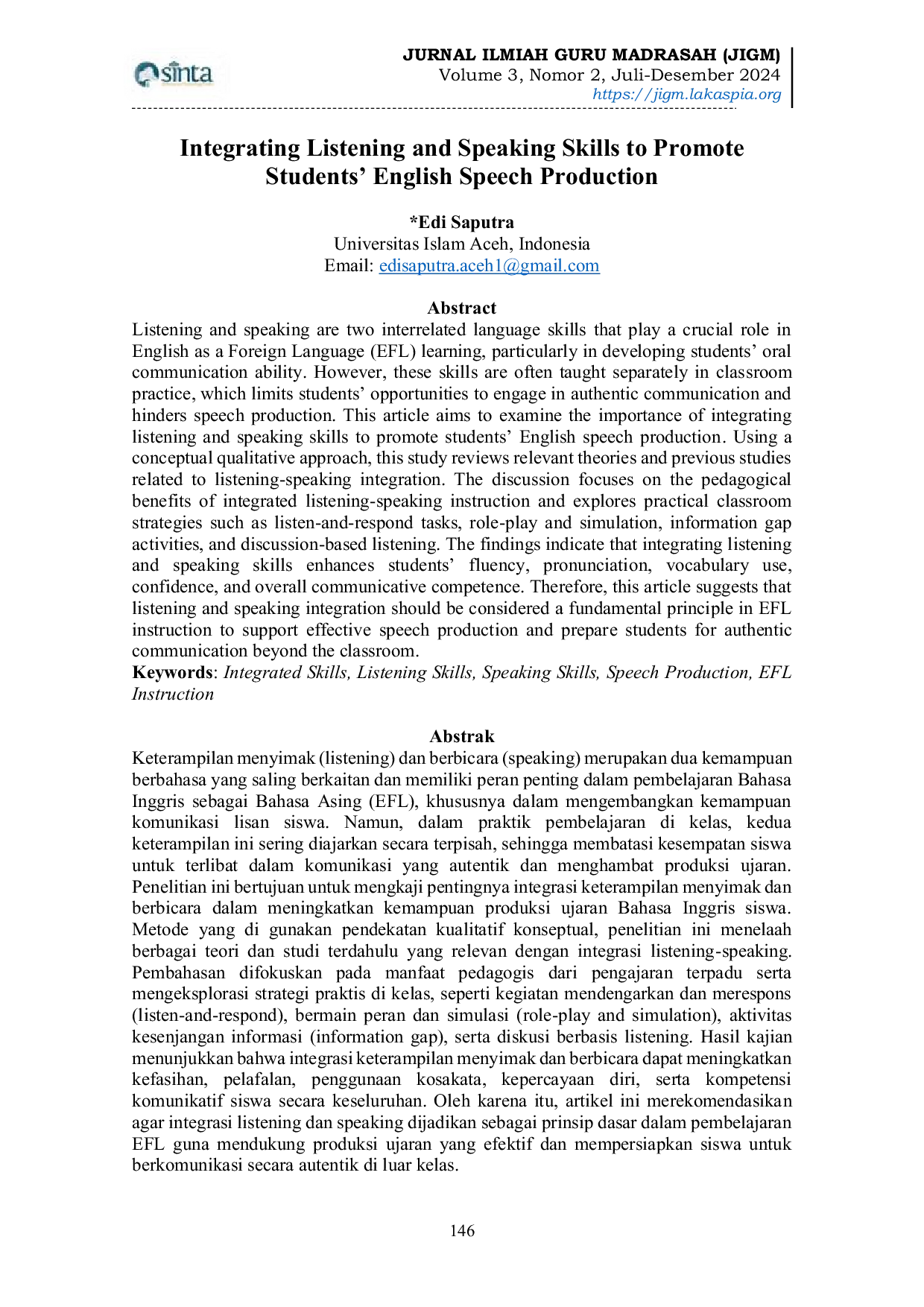 JURIS Integrating Listening and Speaking Skills to Promote Students English Speech Production