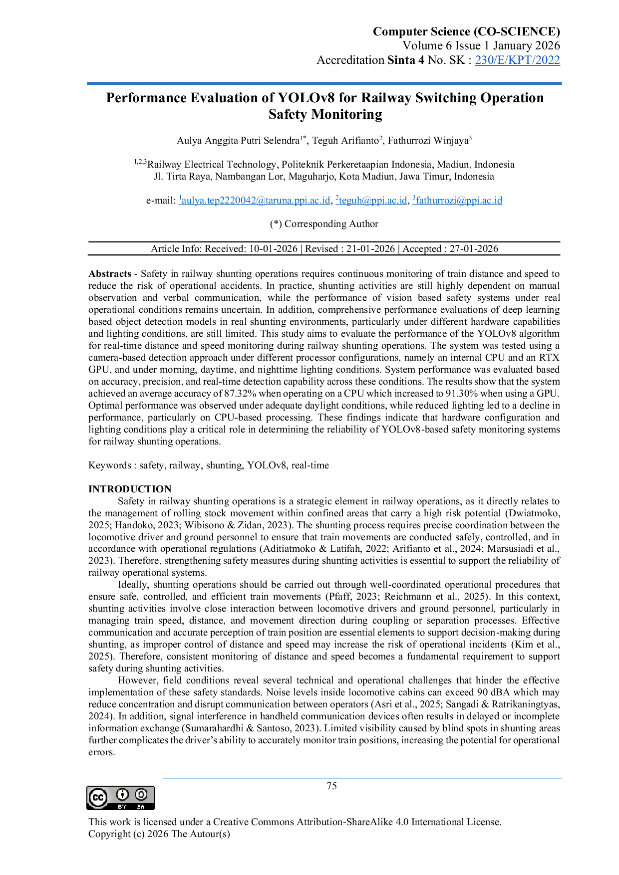 JURIS Performance Evaluation of YOLOv8 for Railway Switching Operation Safety Monitoring