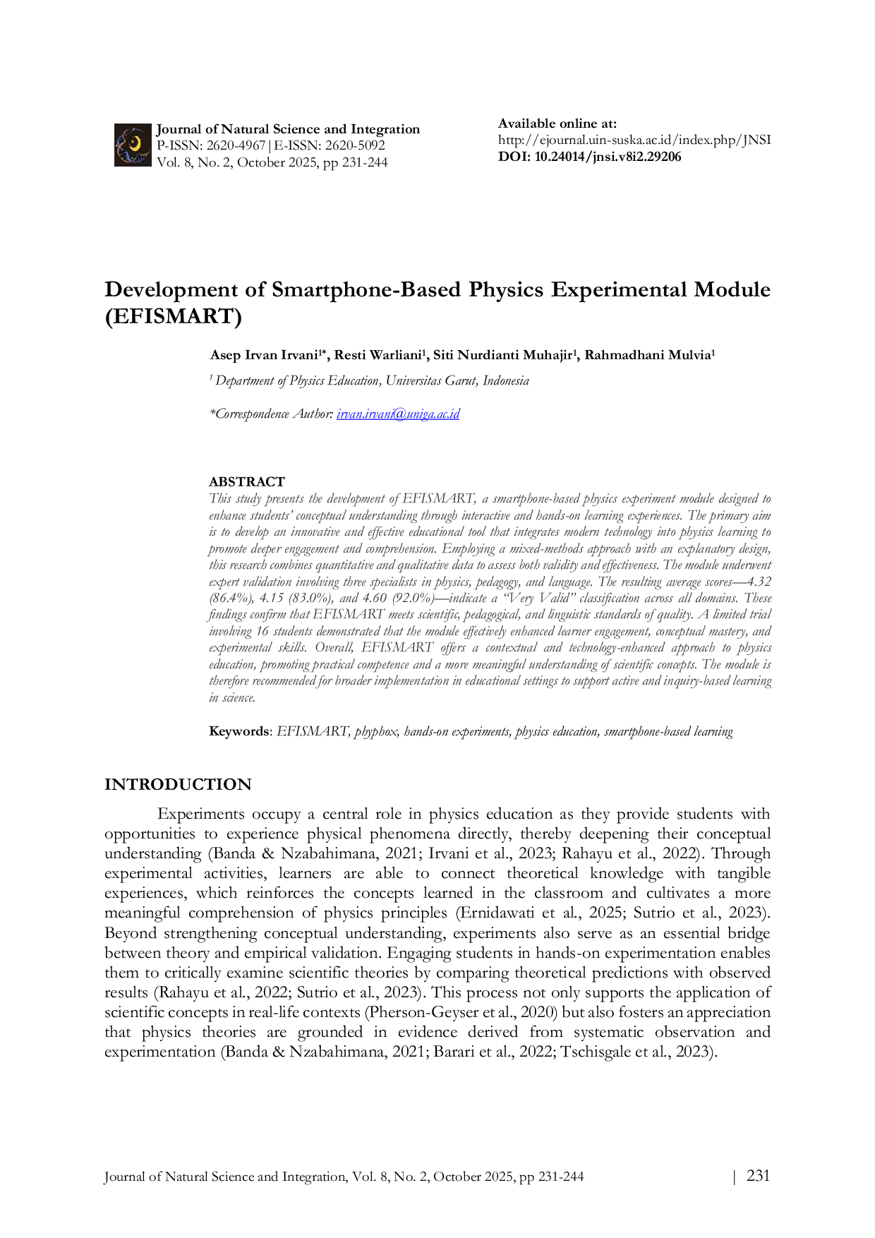 JURIS Development of Smartphone Based Physics Experimental Module EFISMART