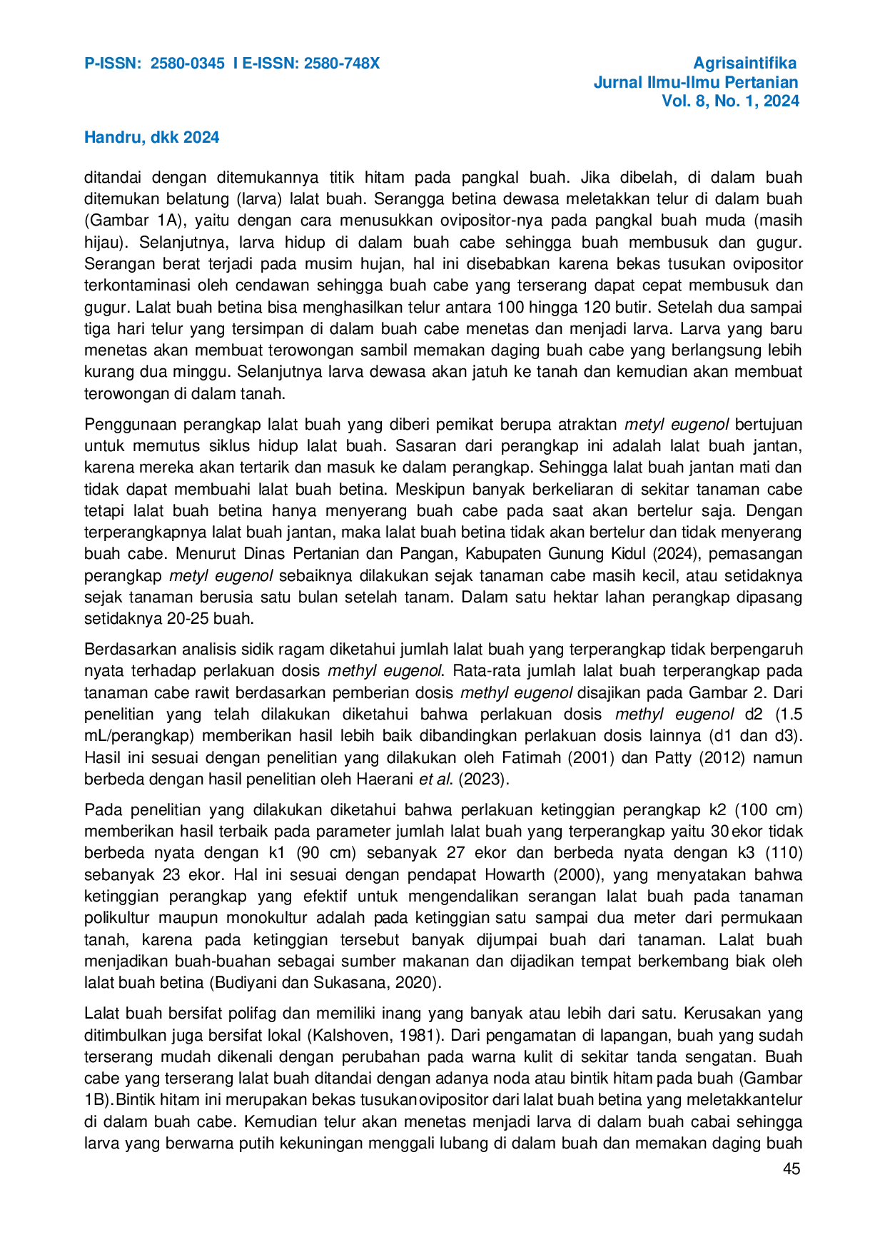JURIS Aplikasi Methyl Eugenol Sebagai Pengendali Lalat Buah Bactrocera Sp Pada Tanaman Cabe Rawit Di Lahan Karst Desa Ponjong Gunung Kidul Yogyakarta