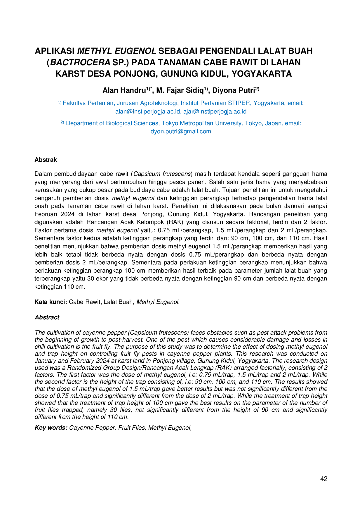 JURIS Aplikasi Methyl Eugenol Sebagai Pengendali Lalat Buah Bactrocera Sp Pada Tanaman Cabe Rawit Di Lahan Karst Desa Ponjong Gunung Kidul Yogyakarta