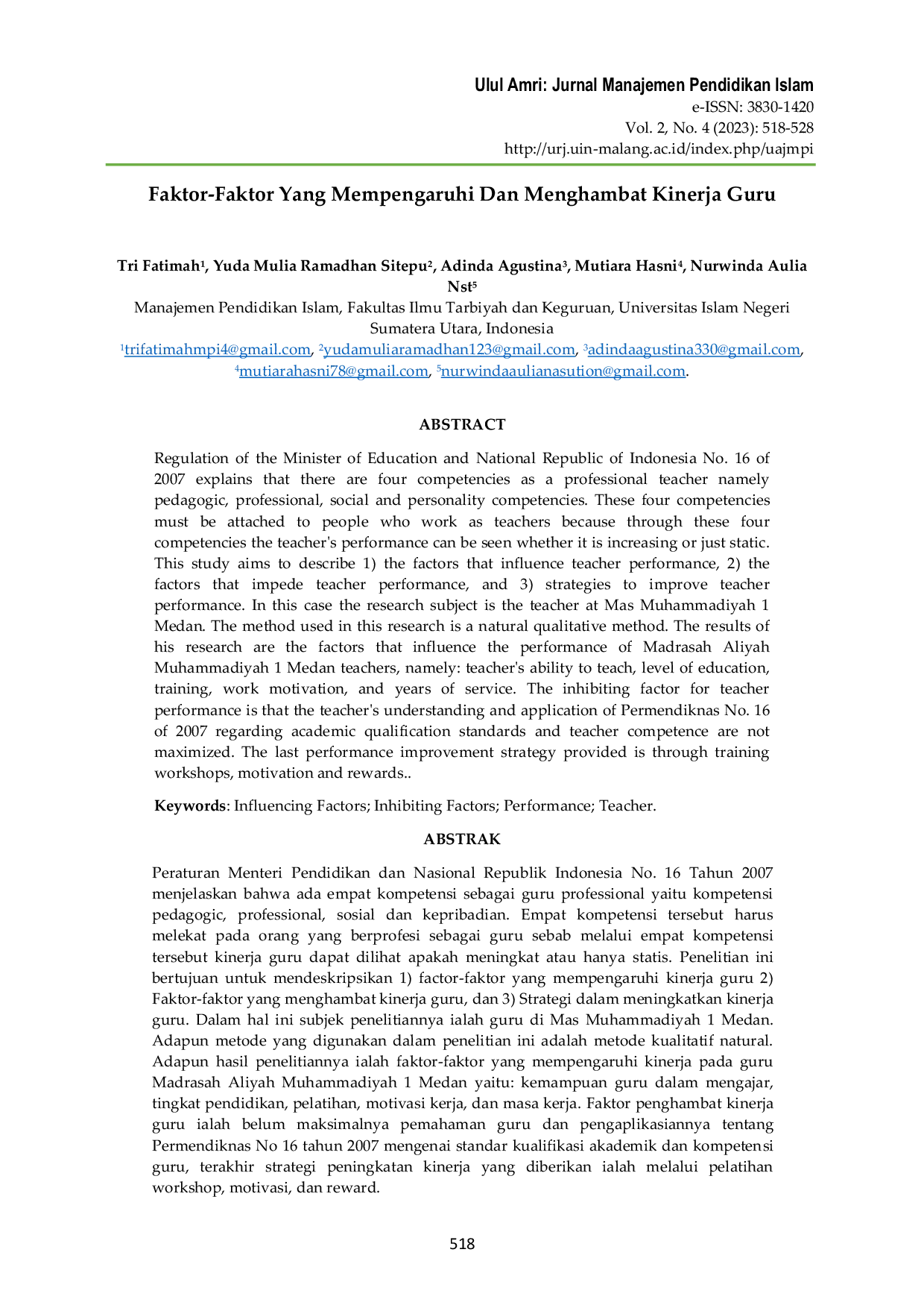 JURIS Faktor Faktor Yang Mempengaruhi Dan Menghambat Kinerja Guru