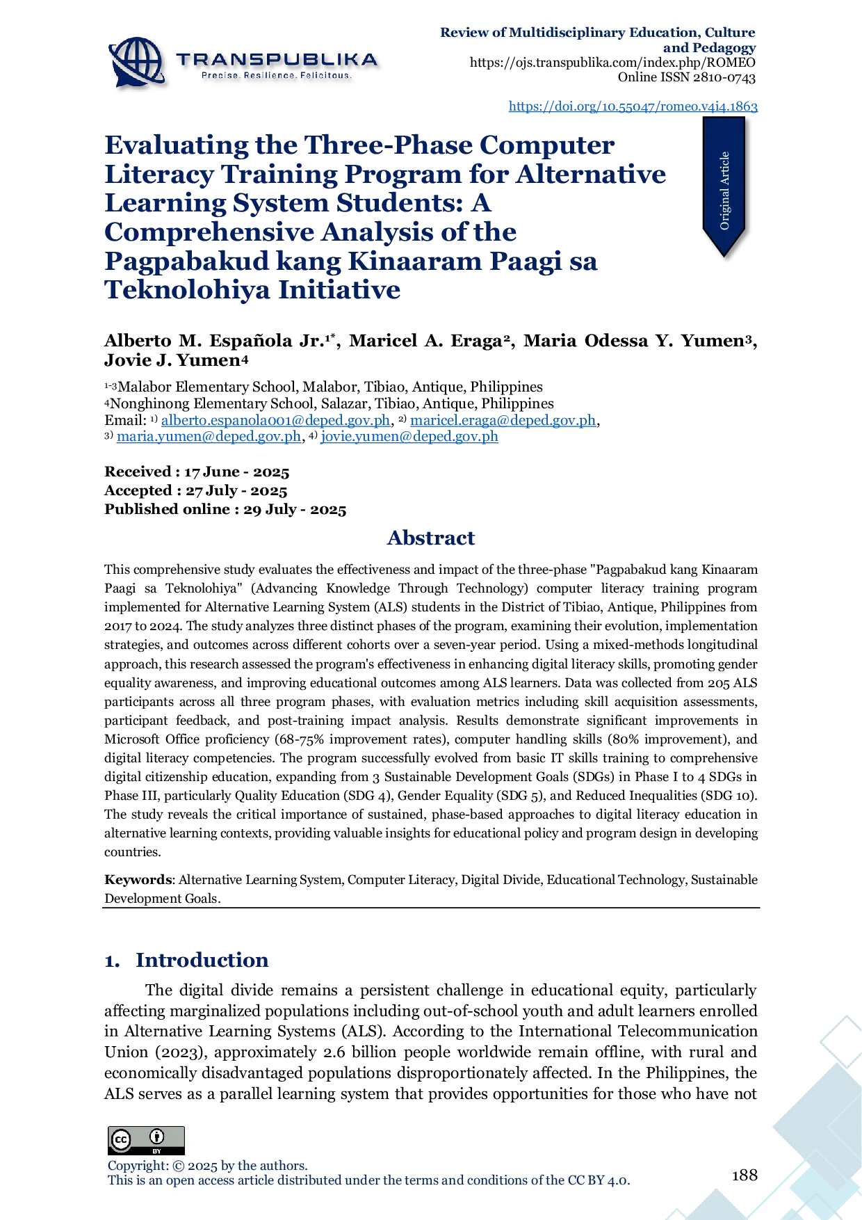 JURIS Evaluating the Three Phase Computer Literacy Training Program for Alternative Learning System Students A Comprehensive Analysis of the Pagpabakud kang Kinaaram Paagi sa Teknolohiya Initiative