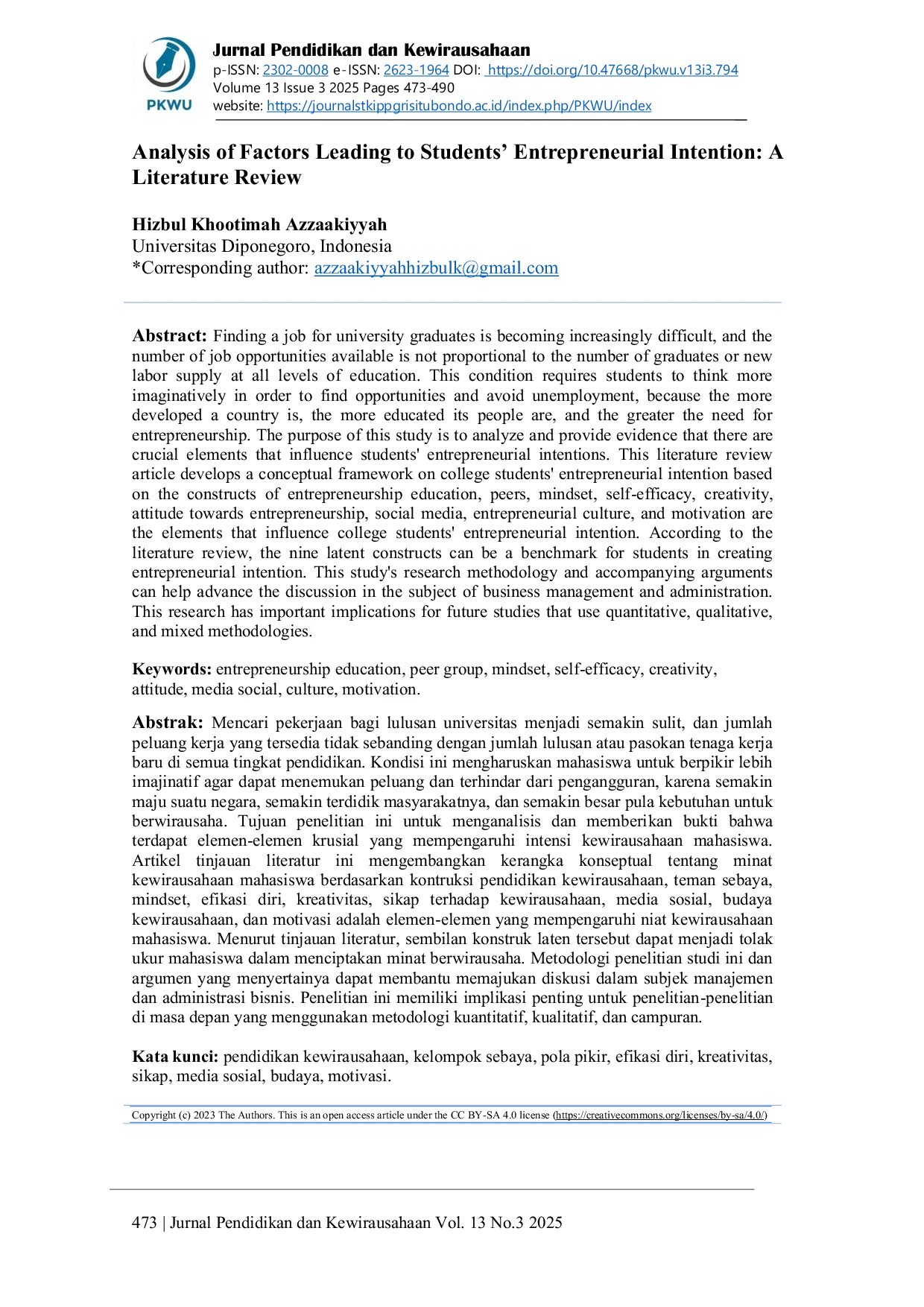 JURIS Analysis of Factors Leading to Students Entrepreneurial Intention A Literature Review