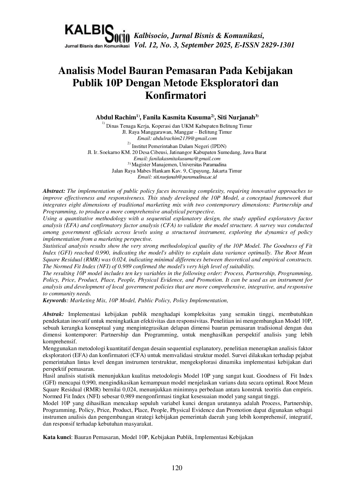 JURIS Analisis Model Bauran Pemasaran Pada Kebijakan Publik 10P Dengan Metode Eksploratori dan Konfirmatori