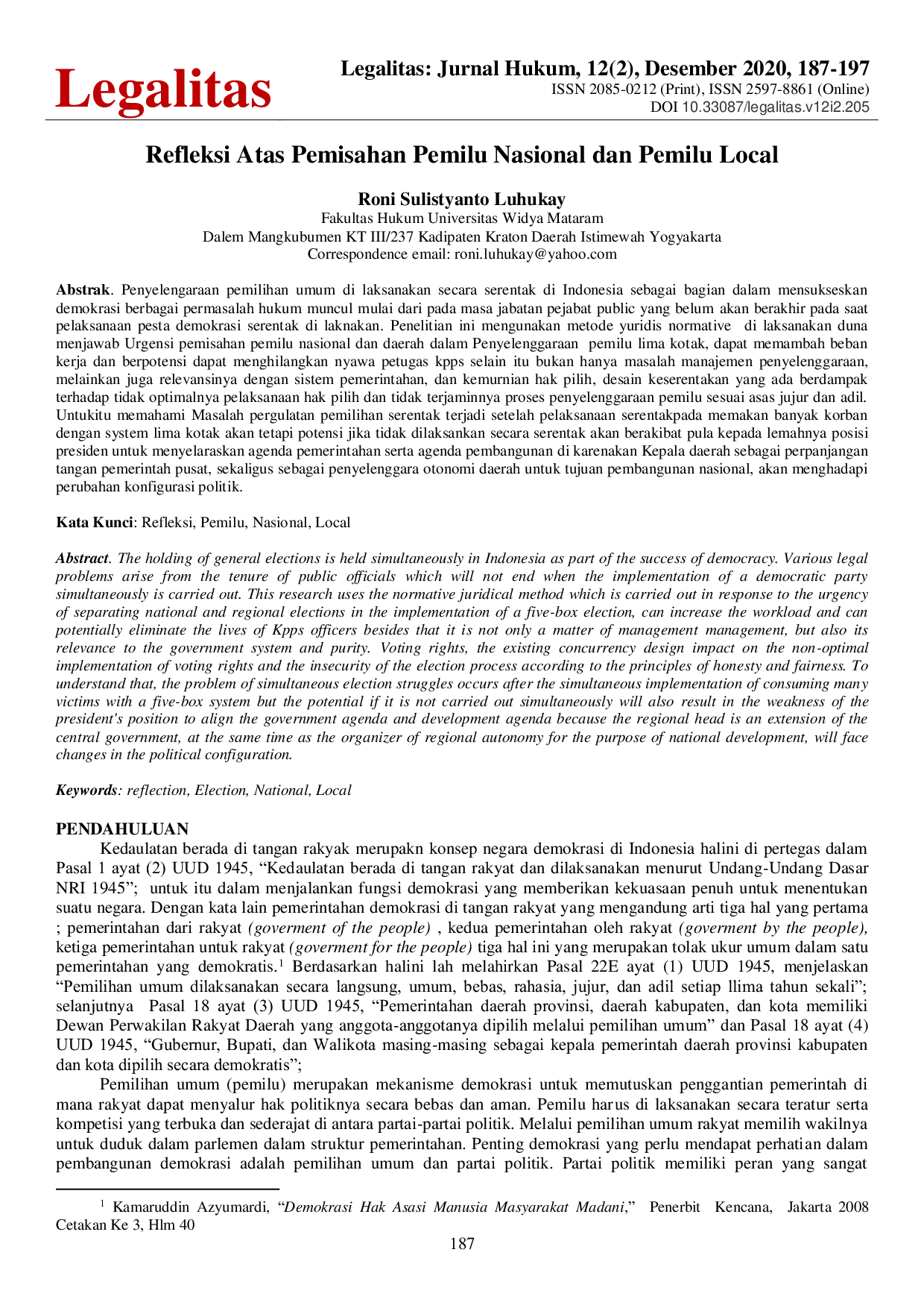 JURIS Refleksi Atas Pemisahan Pemilu Nasional dan Pemilu Local