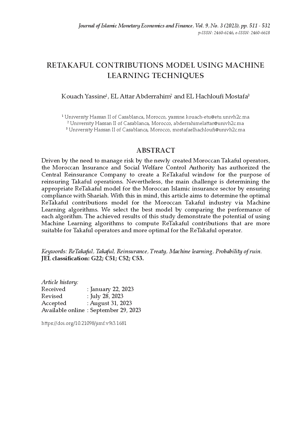 juris Retakaful Contributions Model Using Machine Learning Techniques