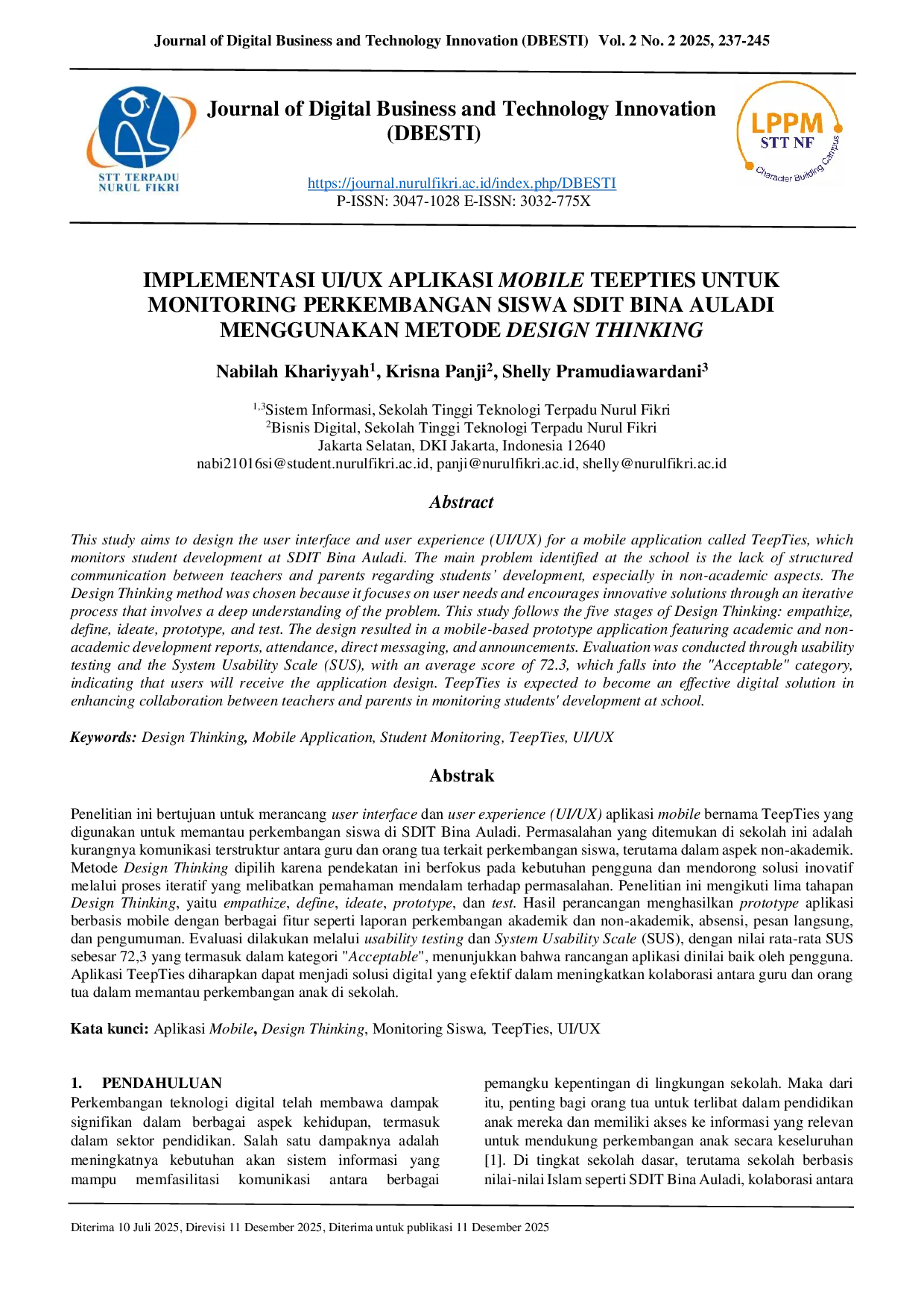 JURIS Implementasi UI UX Aplikasi Mobile Teepties untuk Monitoring Perkembangan Siswa SDIT Bina Auladi Menggunakan Metode Design Thinking