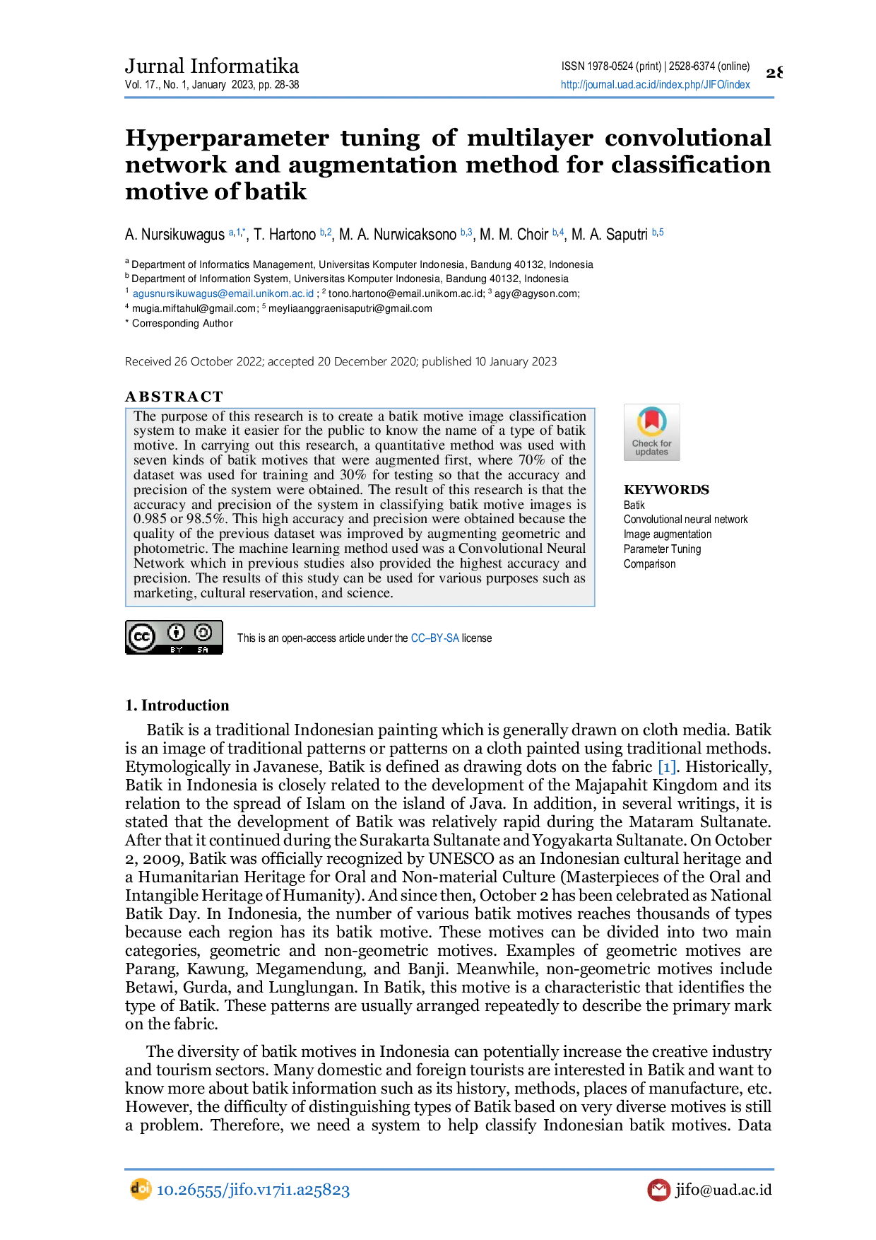 JURIS Hyper Parameter Tuning of Multilayer Convolutional Network and Augmentation Method for Classification Motive of Batik