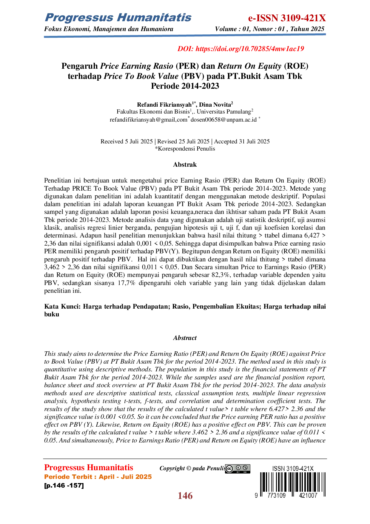 JURIS Pengaruh Price Earning Rasio PER dan Return On Equity ROE terhadap Price To Book Value PBV pada PT Bukit Asam Tbk Periode 2014 2023