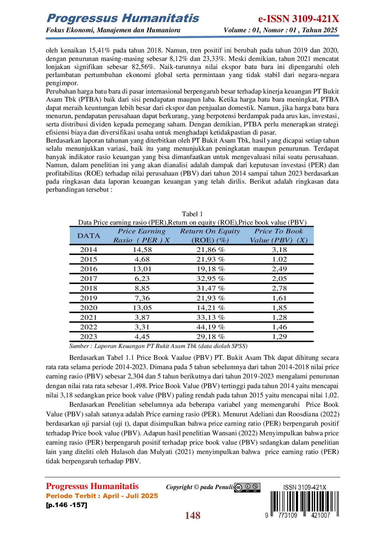 JURIS Pengaruh Price Earning Rasio PER dan Return On Equity ROE terhadap Price To Book Value PBV pada PT Bukit Asam Tbk Periode 2014 2023
