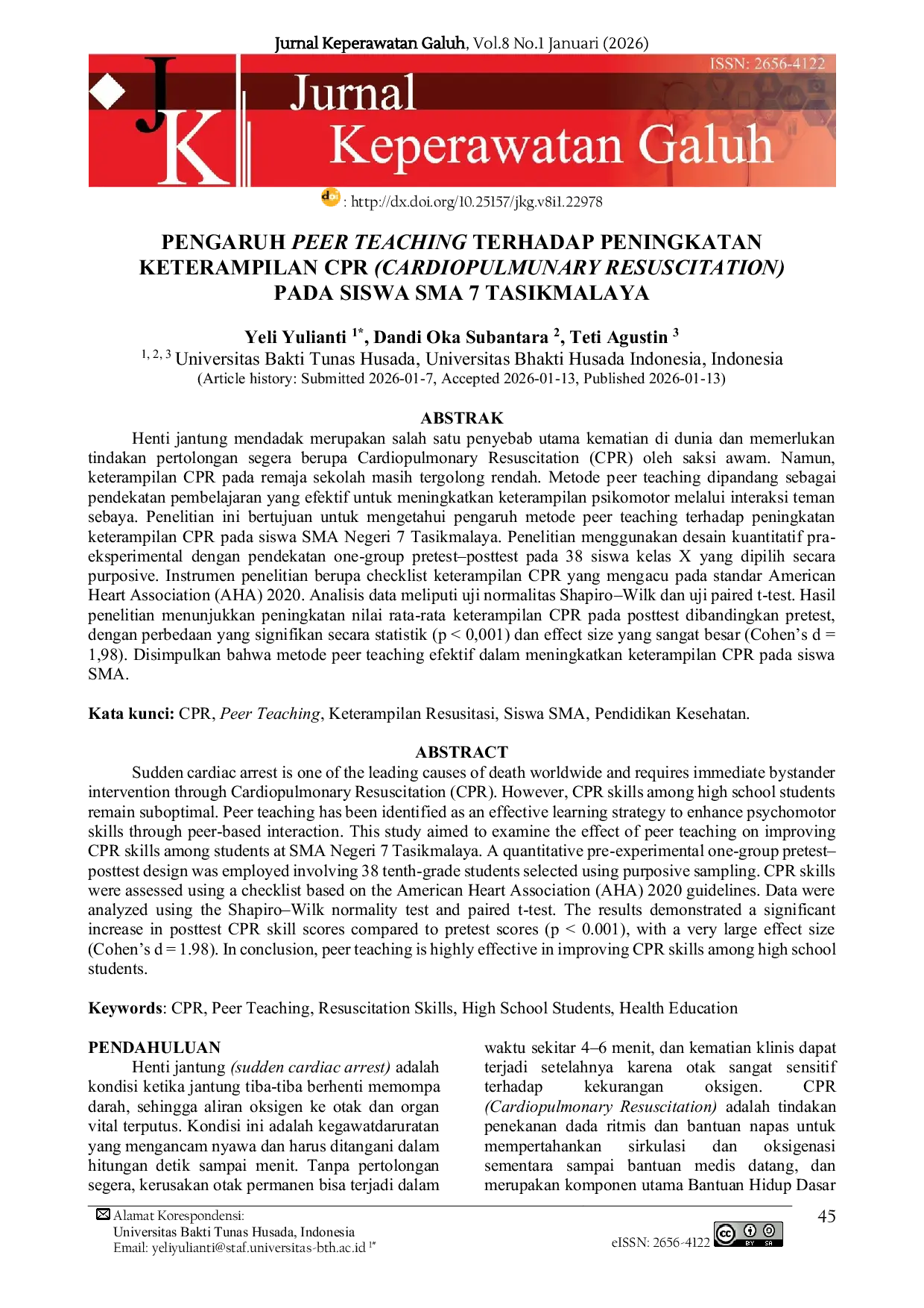 JURIS Pengaruh Peer Teaching Terhadap Peningkatan Keterampilan CPR Cardiopulmunary Resuscitation Pada Siswa SMA 7 Tasikmalaya