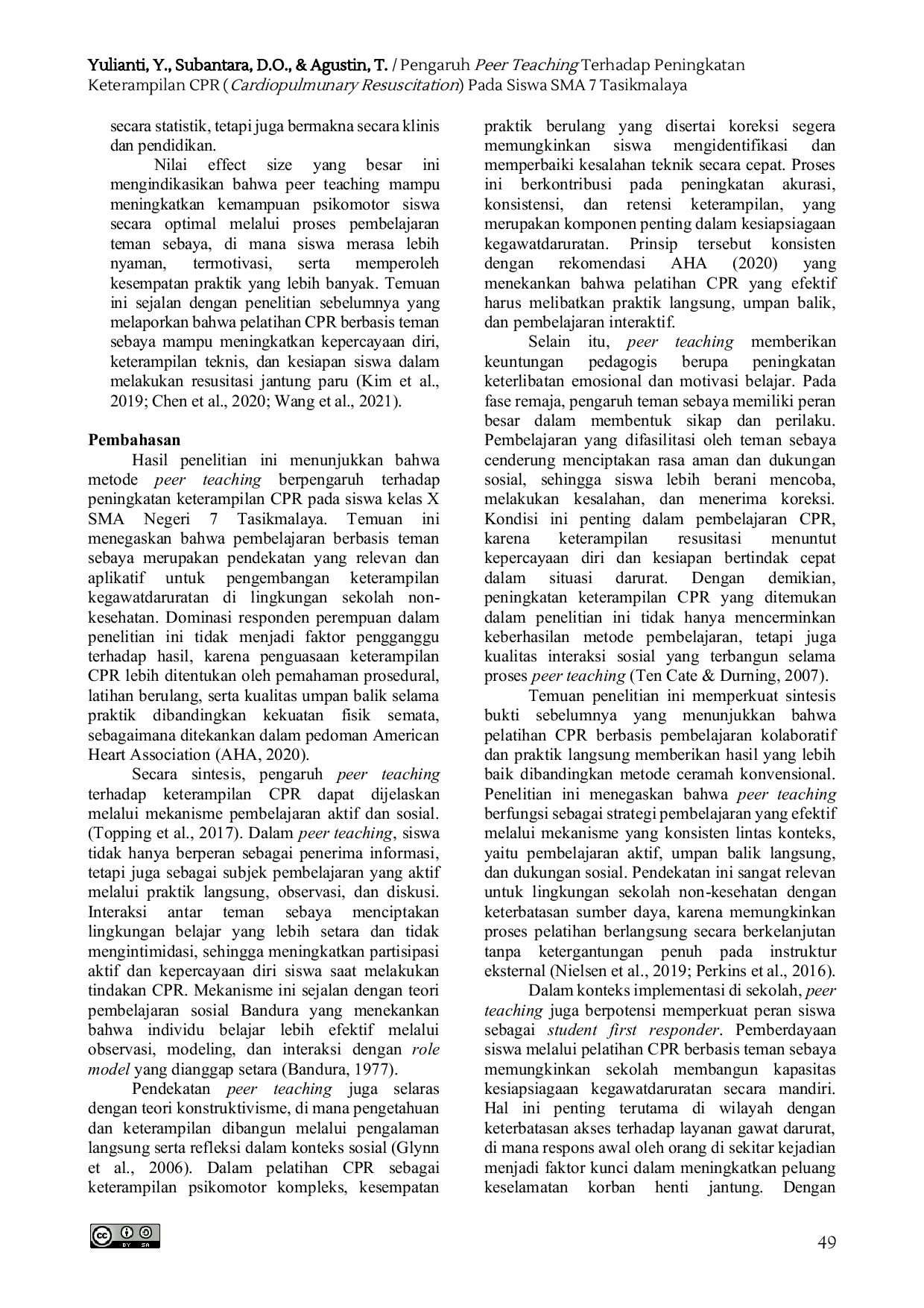 JURIS Pengaruh Peer Teaching Terhadap Peningkatan Keterampilan CPR Cardiopulmunary Resuscitation Pada Siswa SMA 7 Tasikmalaya