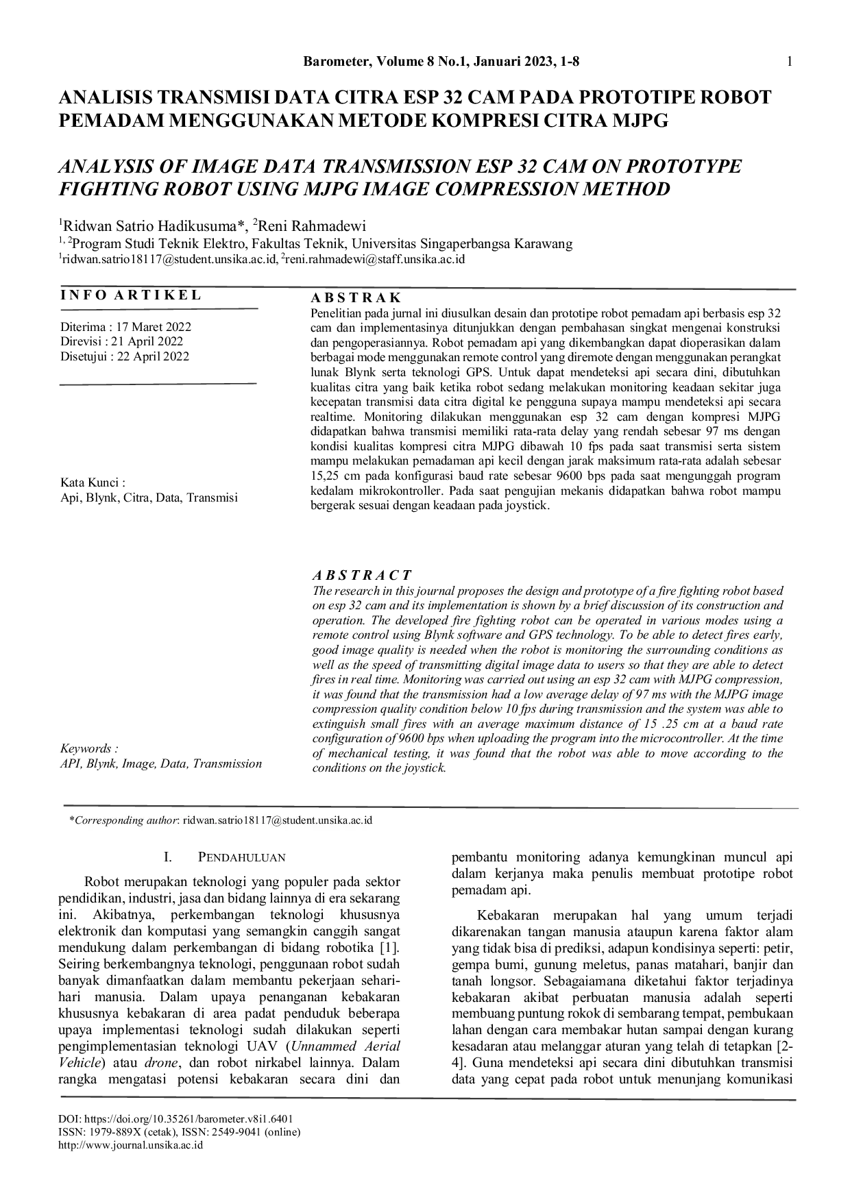 JURIS Analisis Transmisi Data Citra ESP 32 Cam Pada Prototipe Robot Pemadam Menggunakan Metode Kompresi Citra MJPG