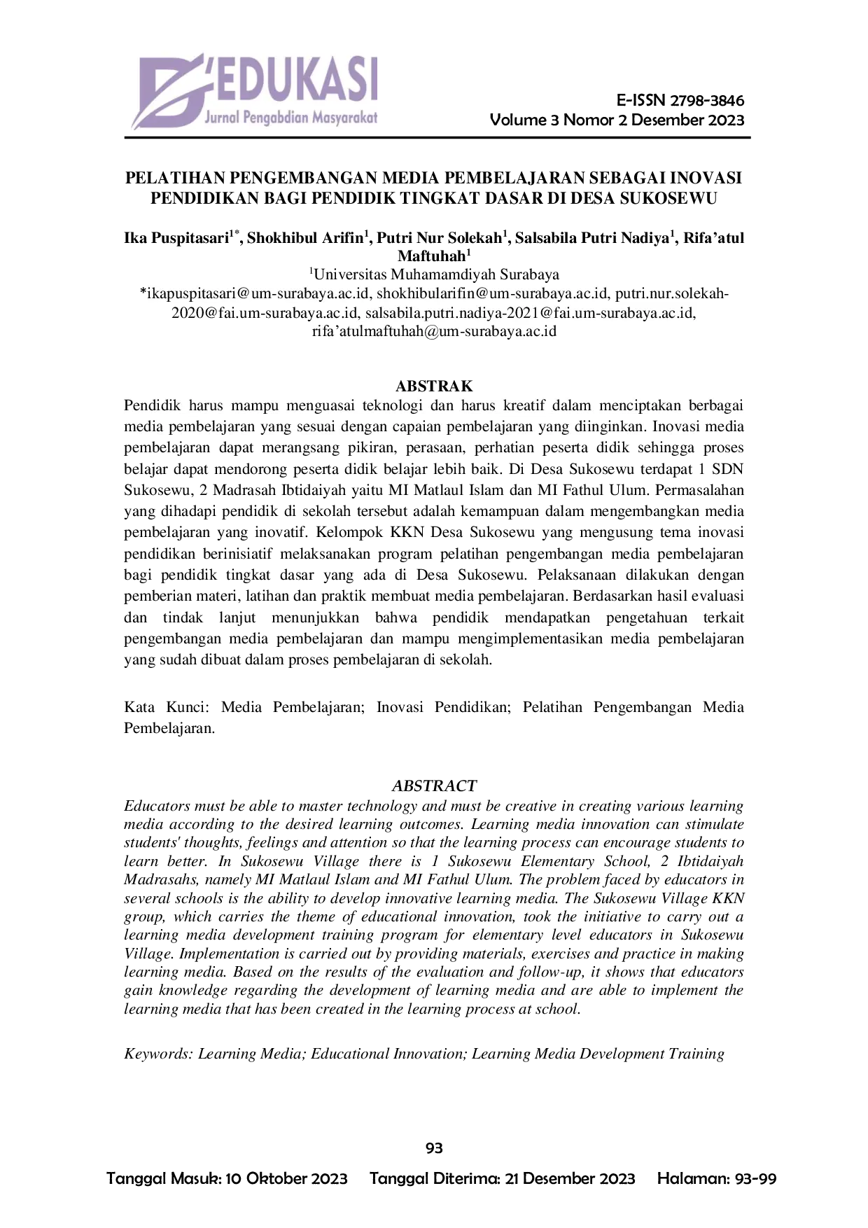 JURIS Pelatihan Pengembangan Media Pembelajaran Sebagai Inovasi Pendidikan Bagi Pendidik Tingkat Dasar Di Desa Sukosewu