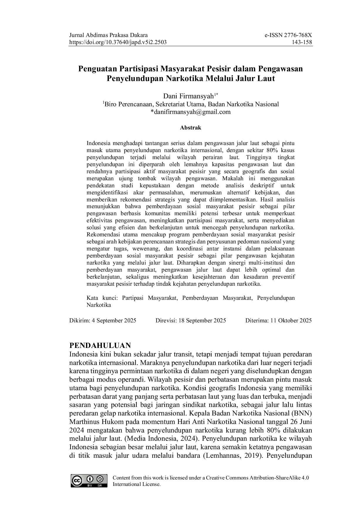 JURIS Penguatan Partisipasi Masyarakat Pesisir dalam Pengawasan Penyelundupan Narkotika Melalui Jalur Laut