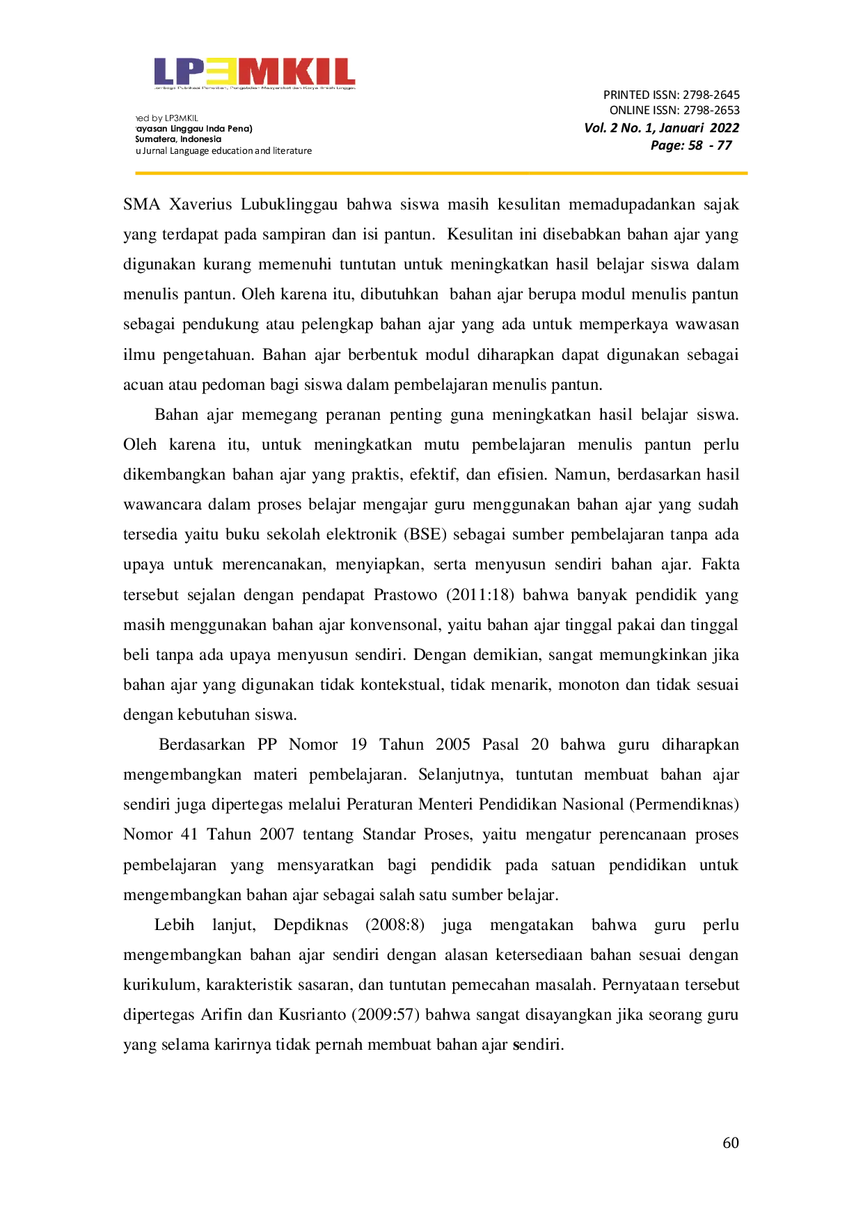 JURIS Pengembangan Modul Menulis Pantun Siswa Kelas X SMA Xaverius Lubuklinggau