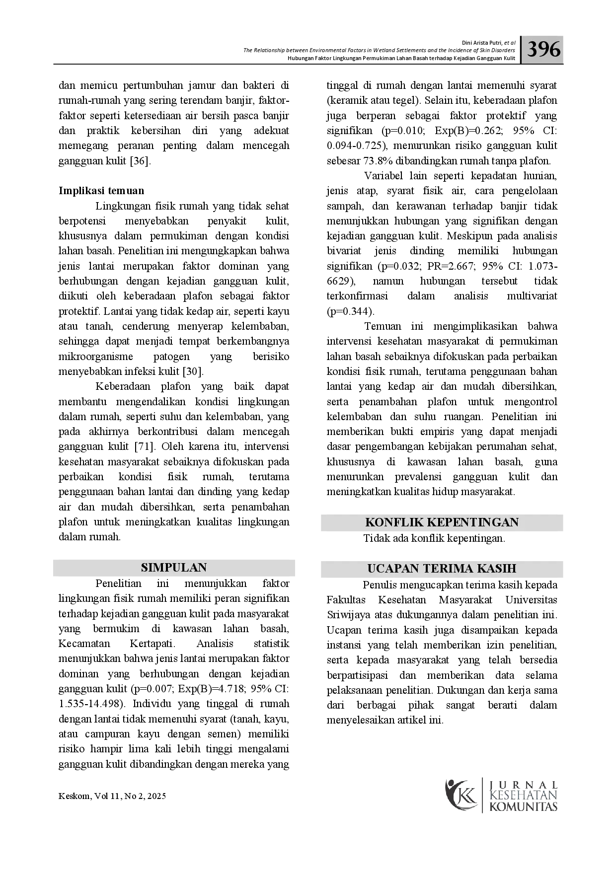 juris The Relationship Between Environmental Factors in Wetland Settlements and the Incidence of Skin Disorders in Kertapati District