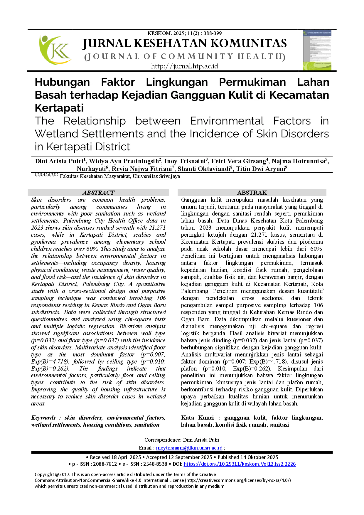 juris The Relationship Between Environmental Factors in Wetland Settlements and the Incidence of Skin Disorders in Kertapati District