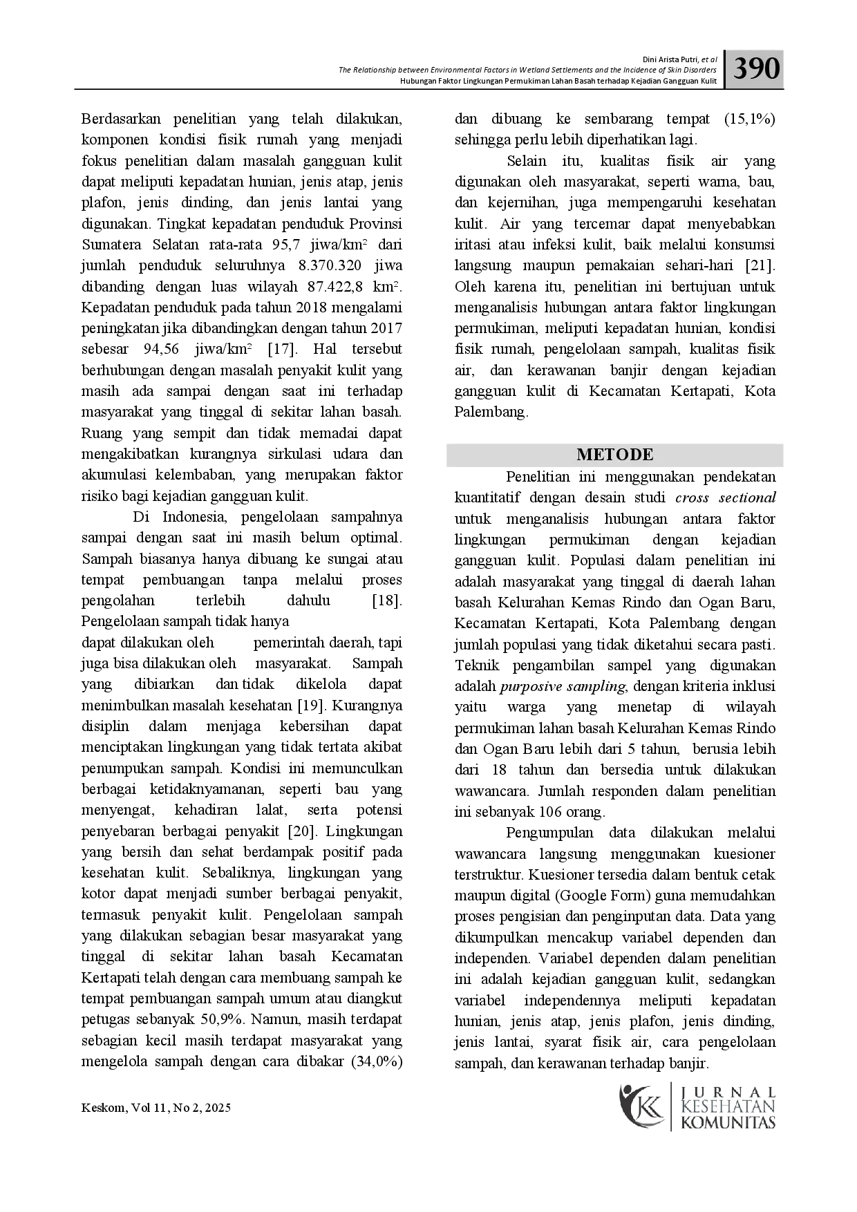 juris The Relationship Between Environmental Factors in Wetland Settlements and the Incidence of Skin Disorders in Kertapati District